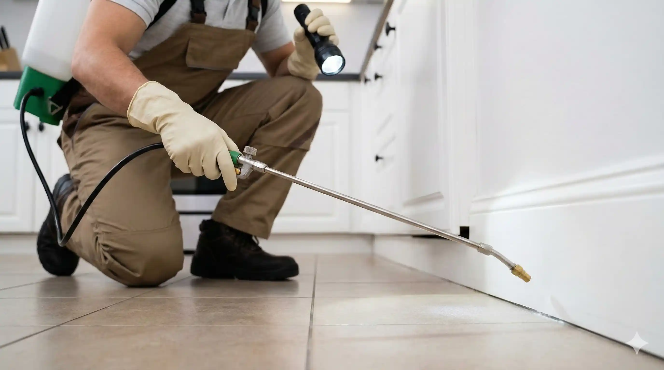 Technician applying crack and crevice treatment for cockroach control