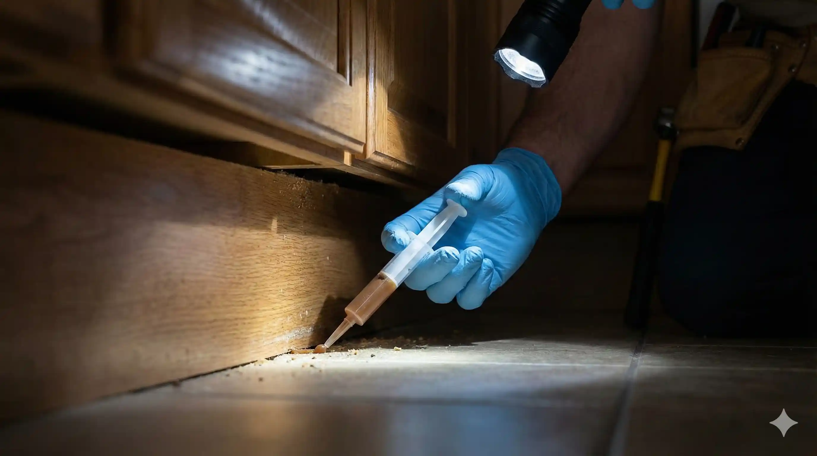 Applying gel bait treatment in cockroach harborage areas