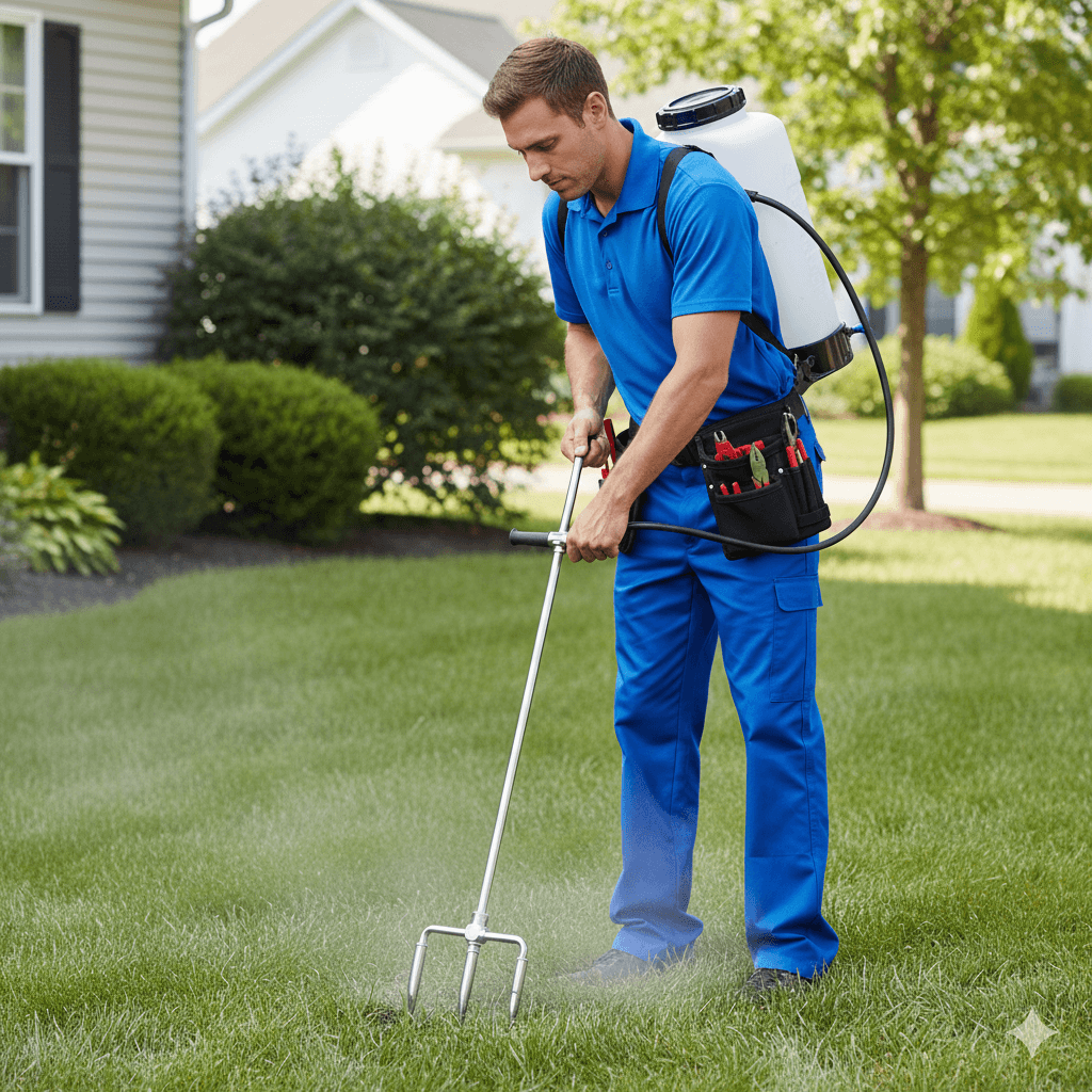 Professional injecting soil treatment to eliminate underground ant colonies