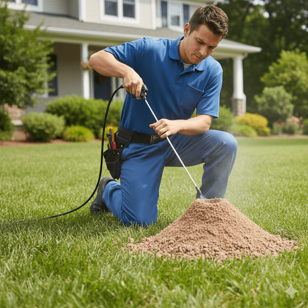 Technician applying direct treatment to eliminate active ant nest