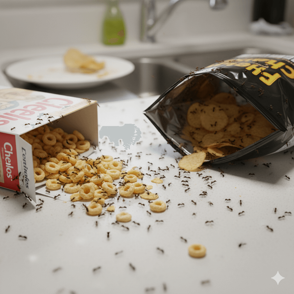 Food packages with the food inside spread around covered in ants