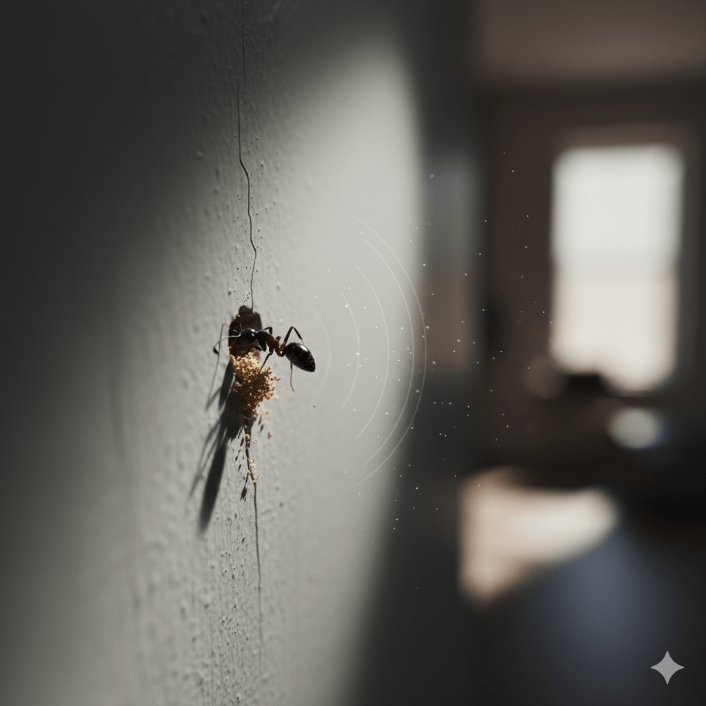 Ants inside a wall breaking through the drywall indicating disturbance