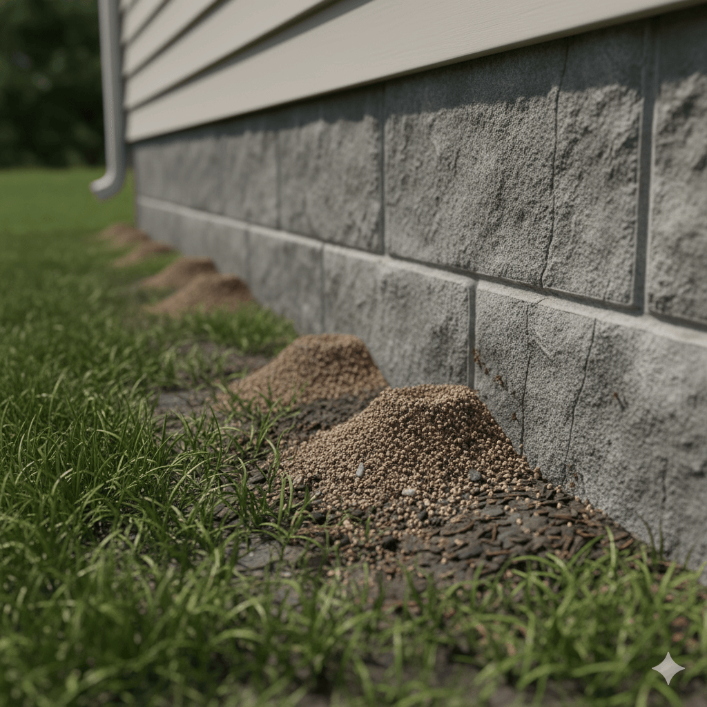 Ant hills forming around the foundation of a house