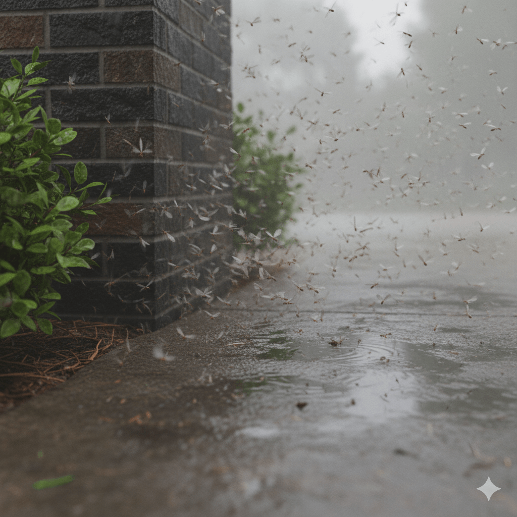 Cloud of ant swarmers taking flight after it rains