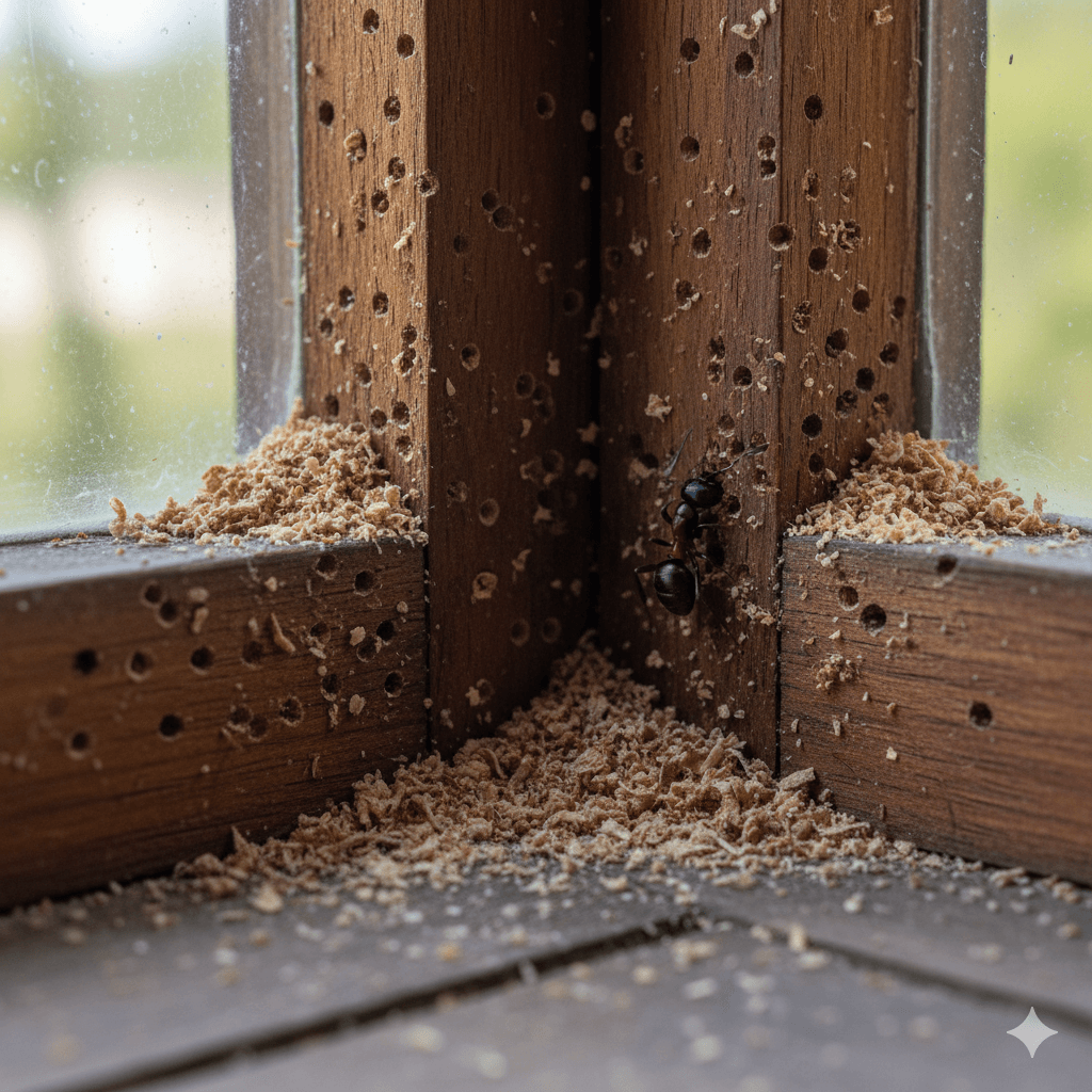 Carpenter ant holes and frass around the frame of a window