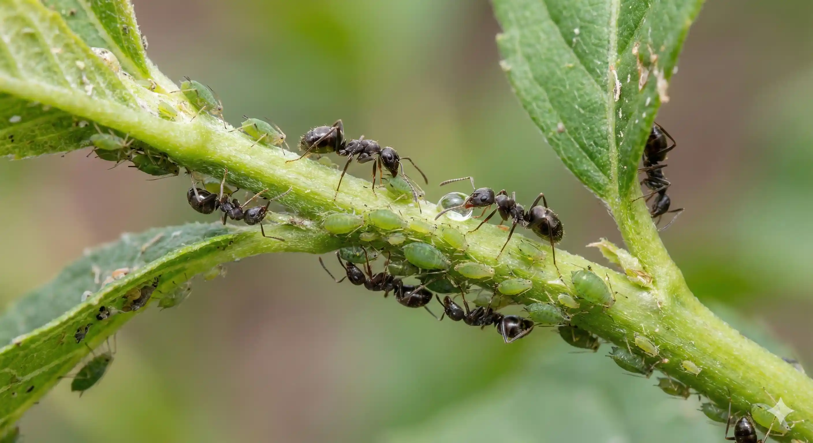 Ants farming and protecting aphid colony on plant stem
