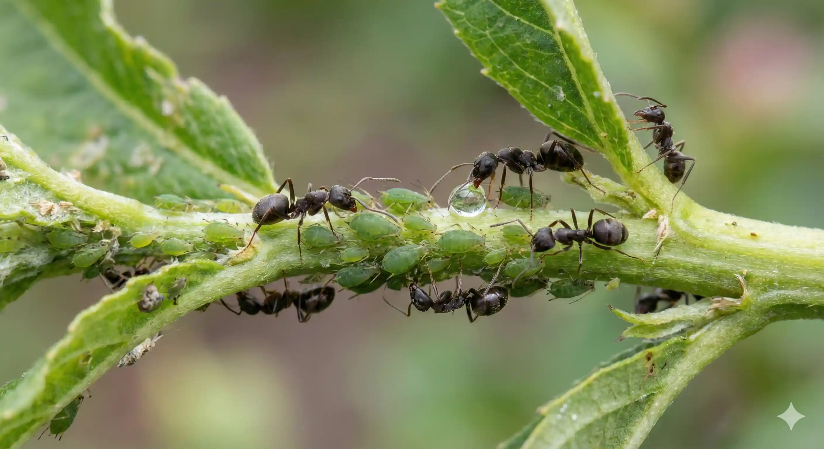 Ants traveling on plant indicating aphid farming activity