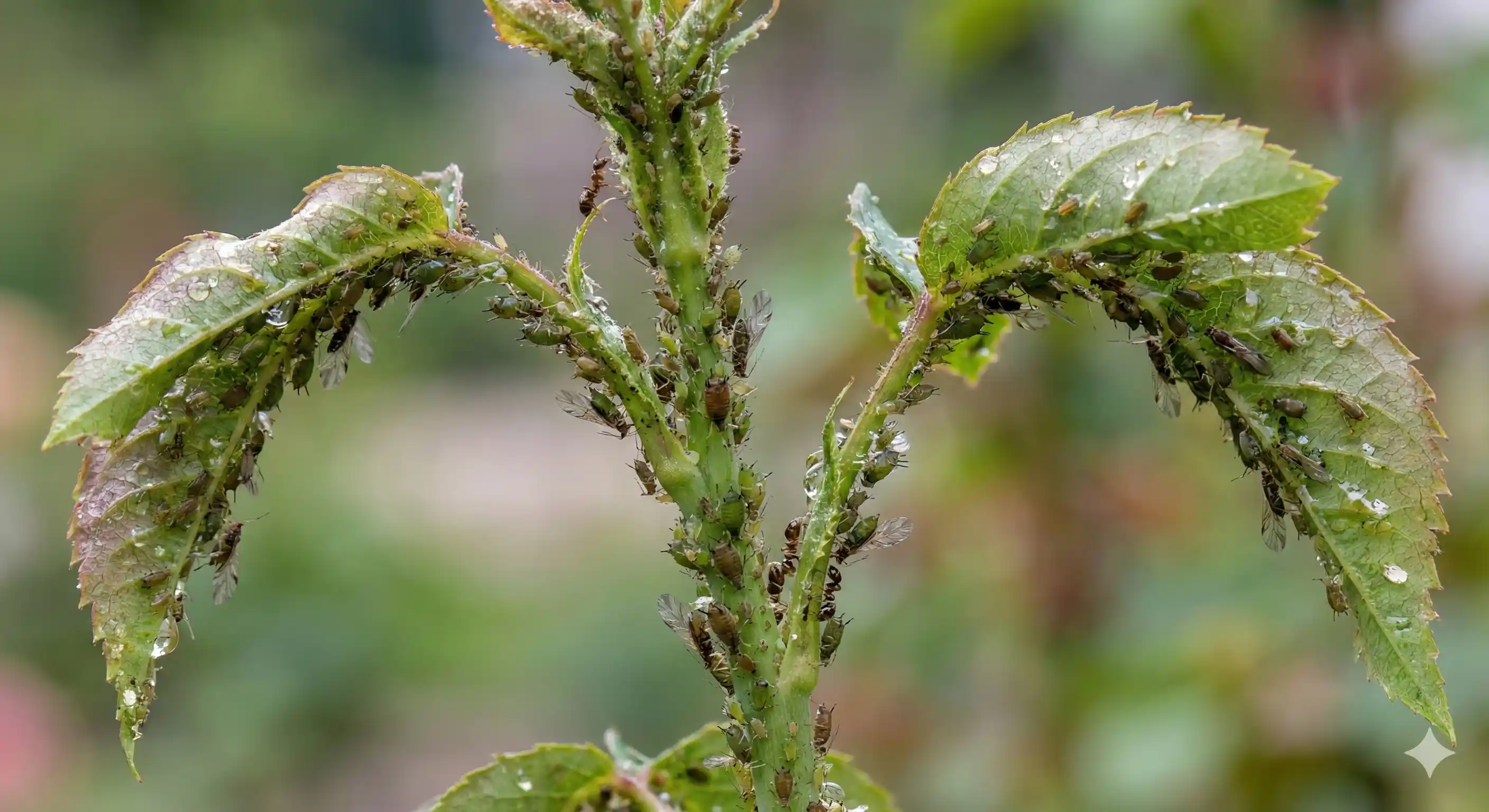 Visible aphid colony clustered on plant stem