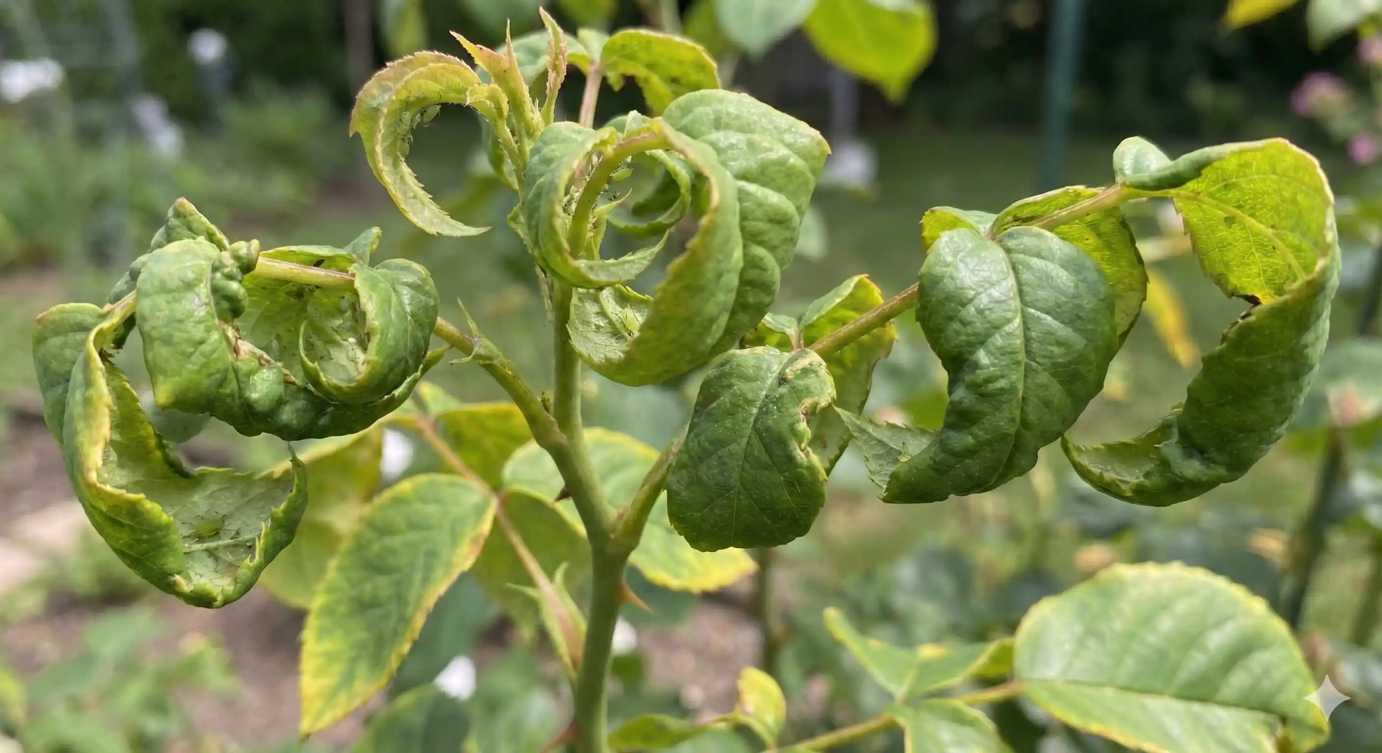 Curled and distorted plant leaves caused by aphid feeding damage