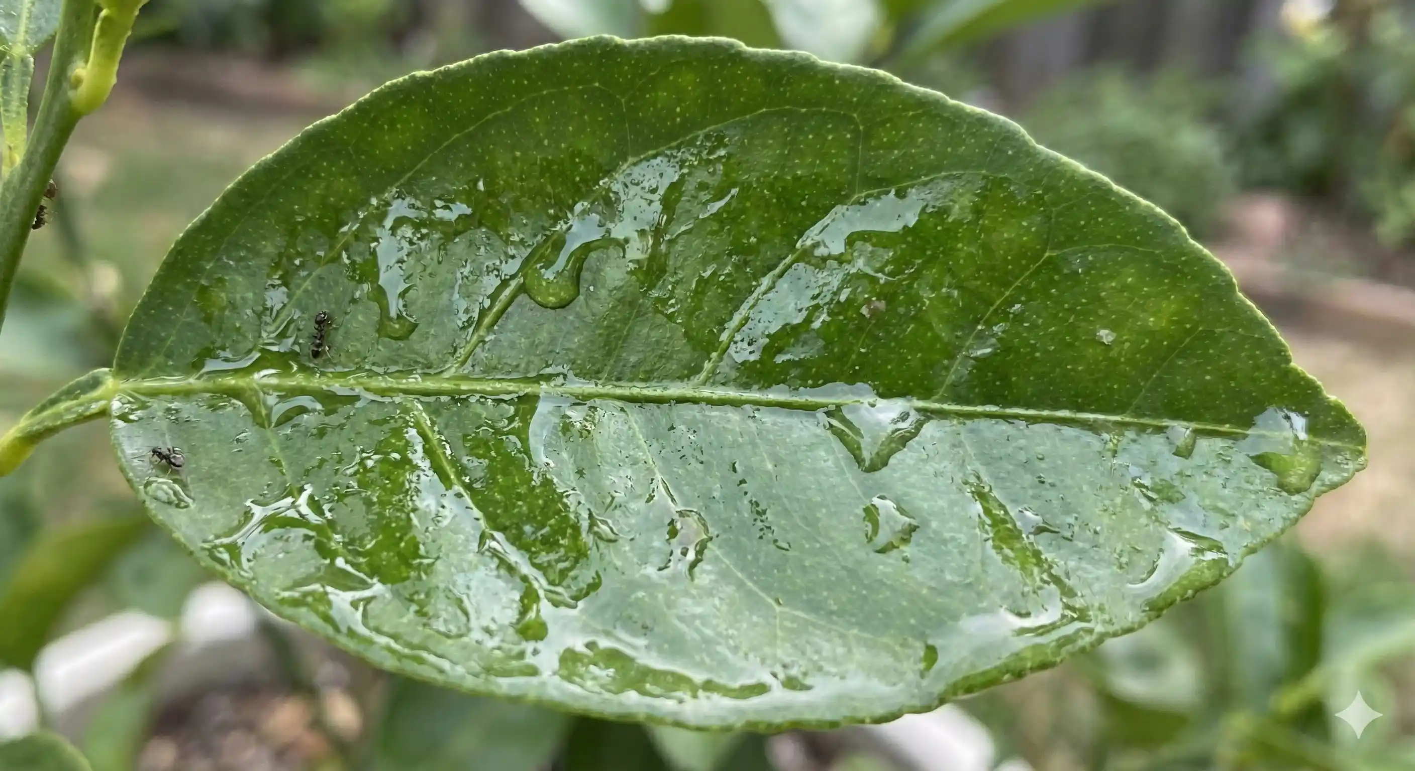 Sticky honeydew residue on leaves from aphid infestation
