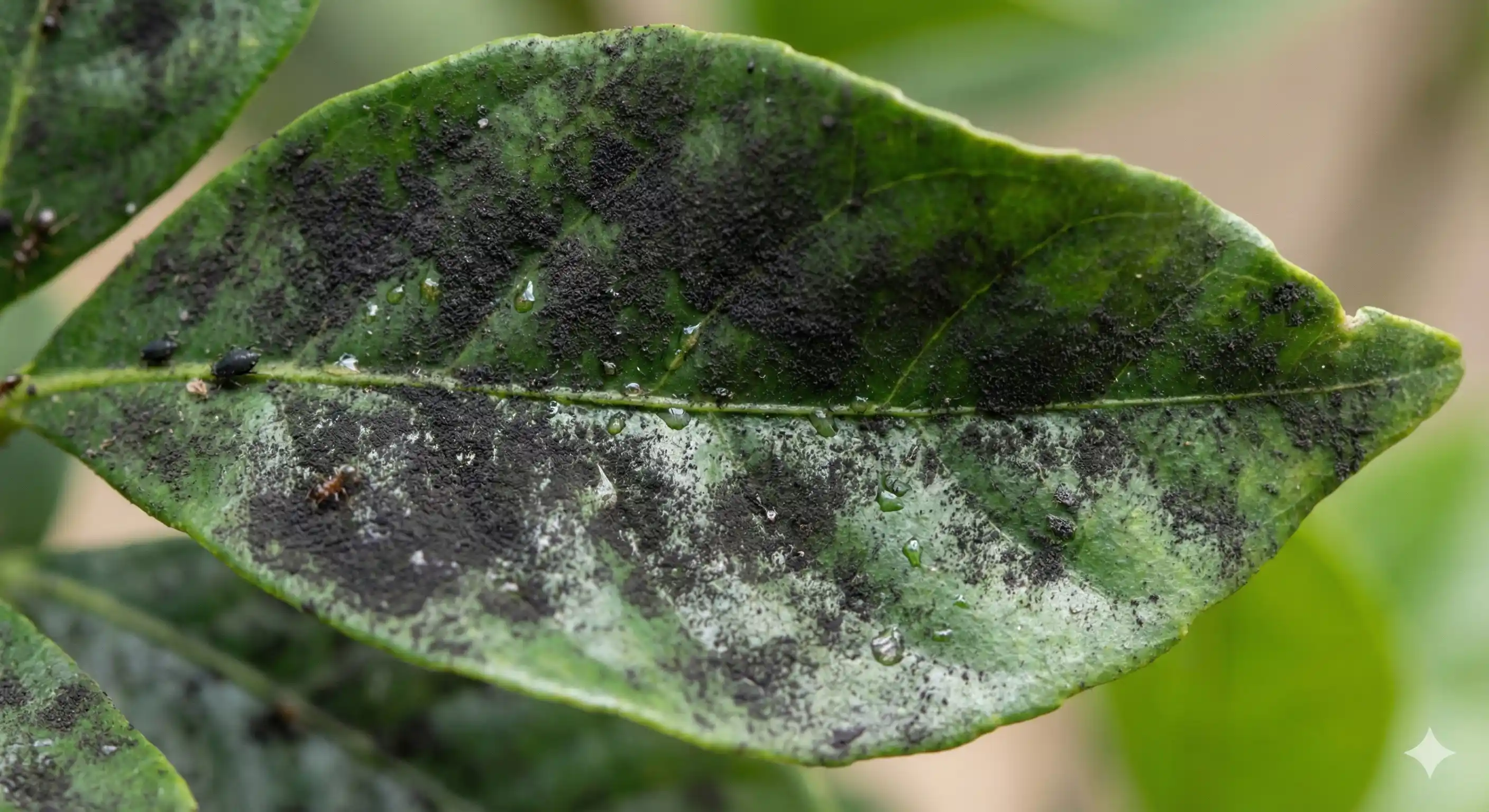Black sooty mold growth on leaves caused by aphid honeydew