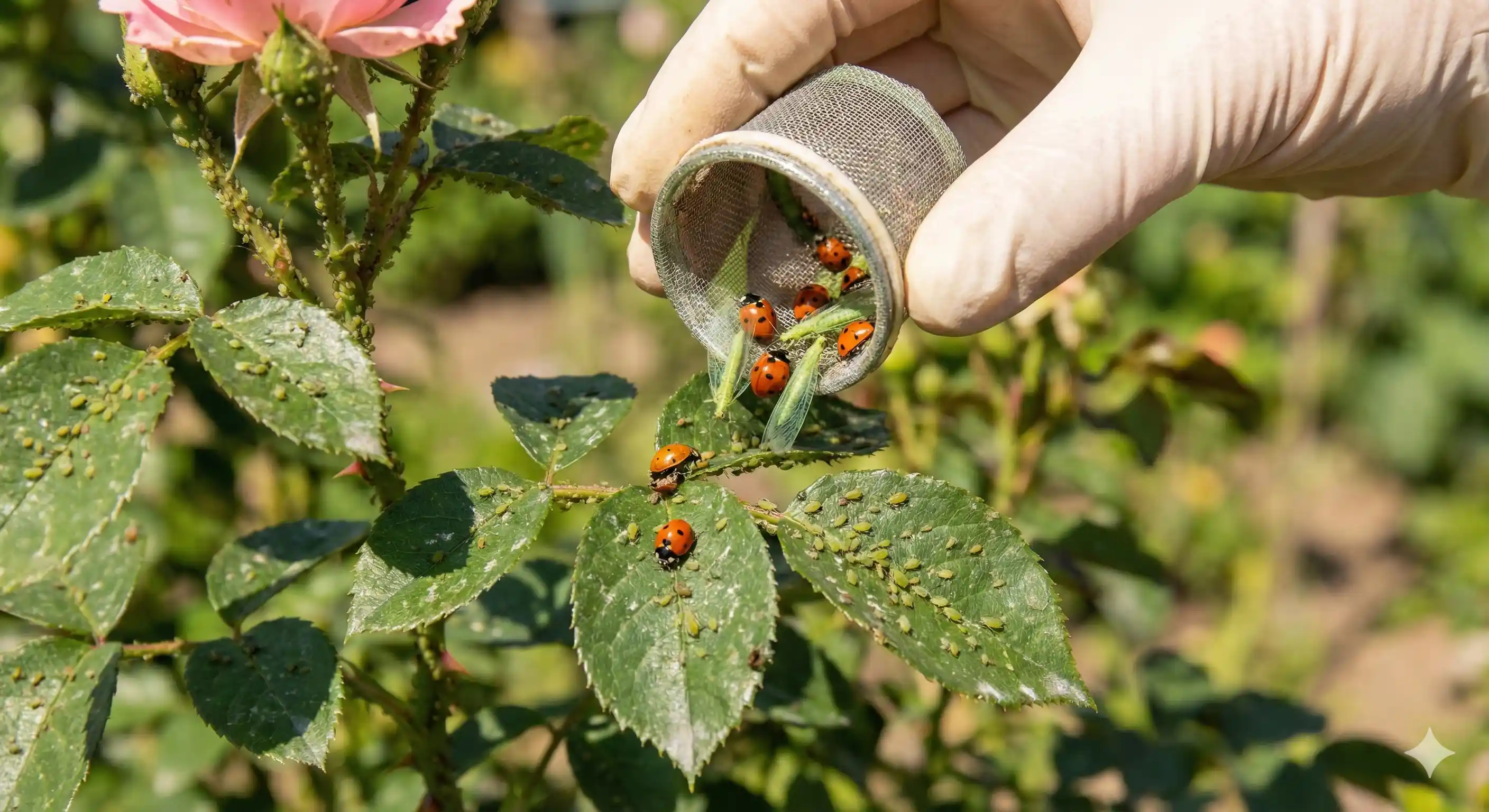 Releasing beneficial insects like ladybugs for natural aphid control