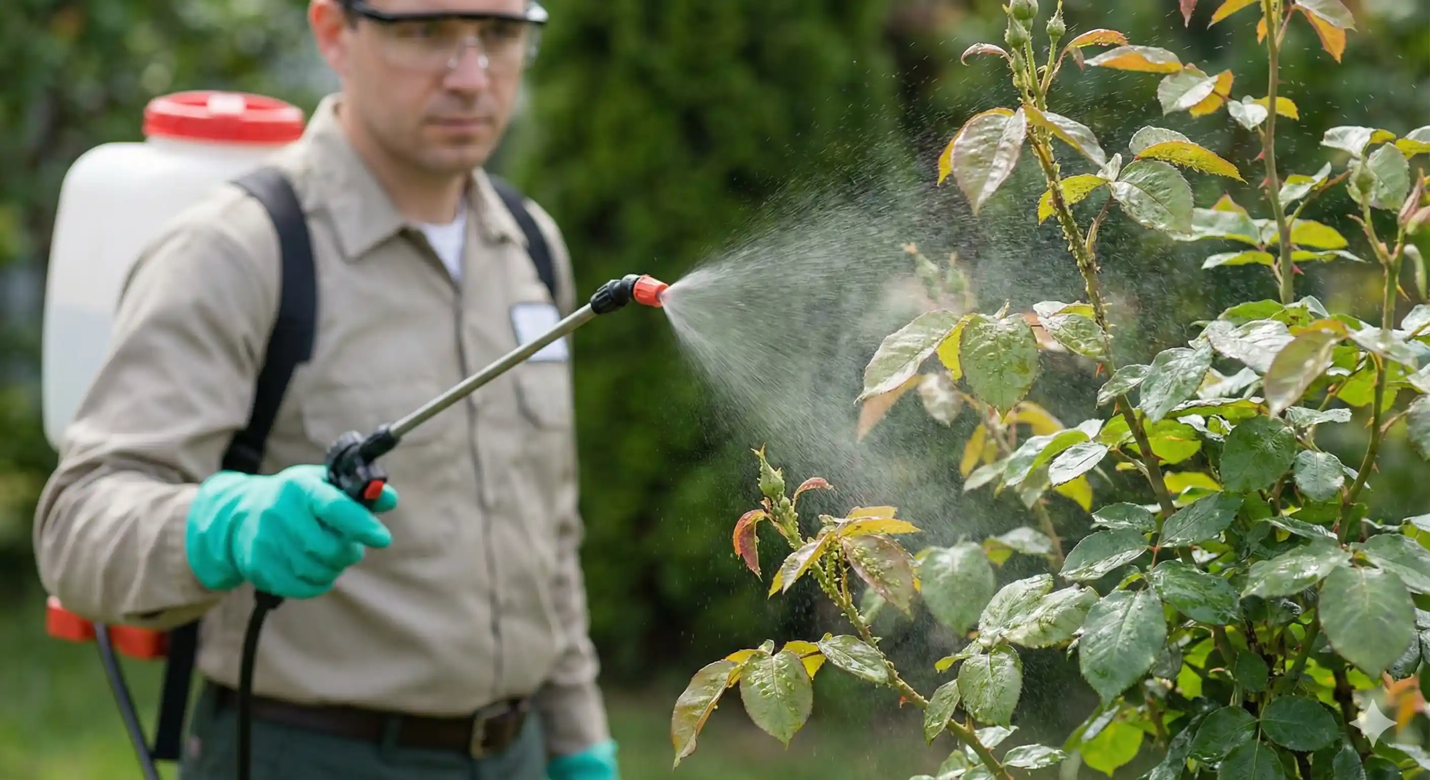 Technician applying horticultural oil treatment to plants for aphid control