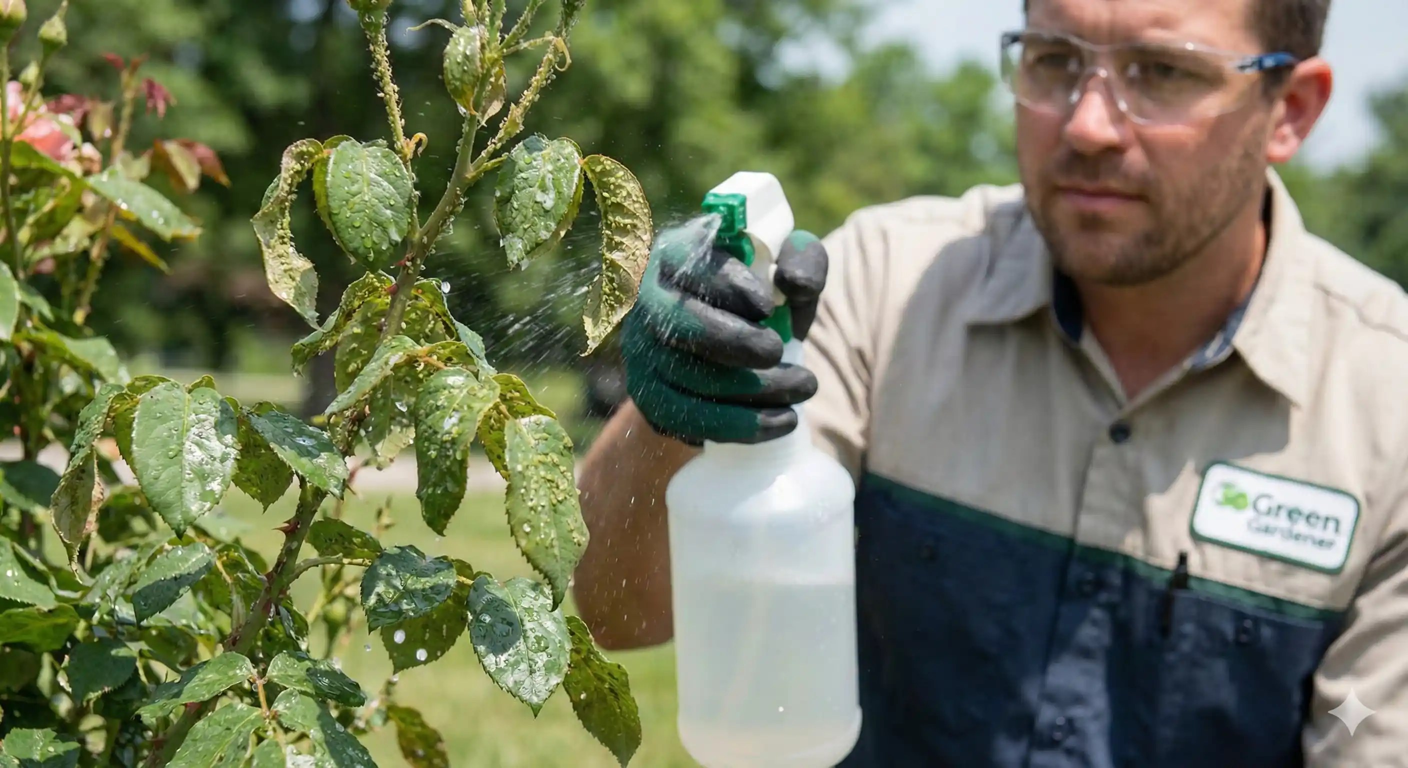 Professional applying insecticidal soap spray to aphid-infested plants