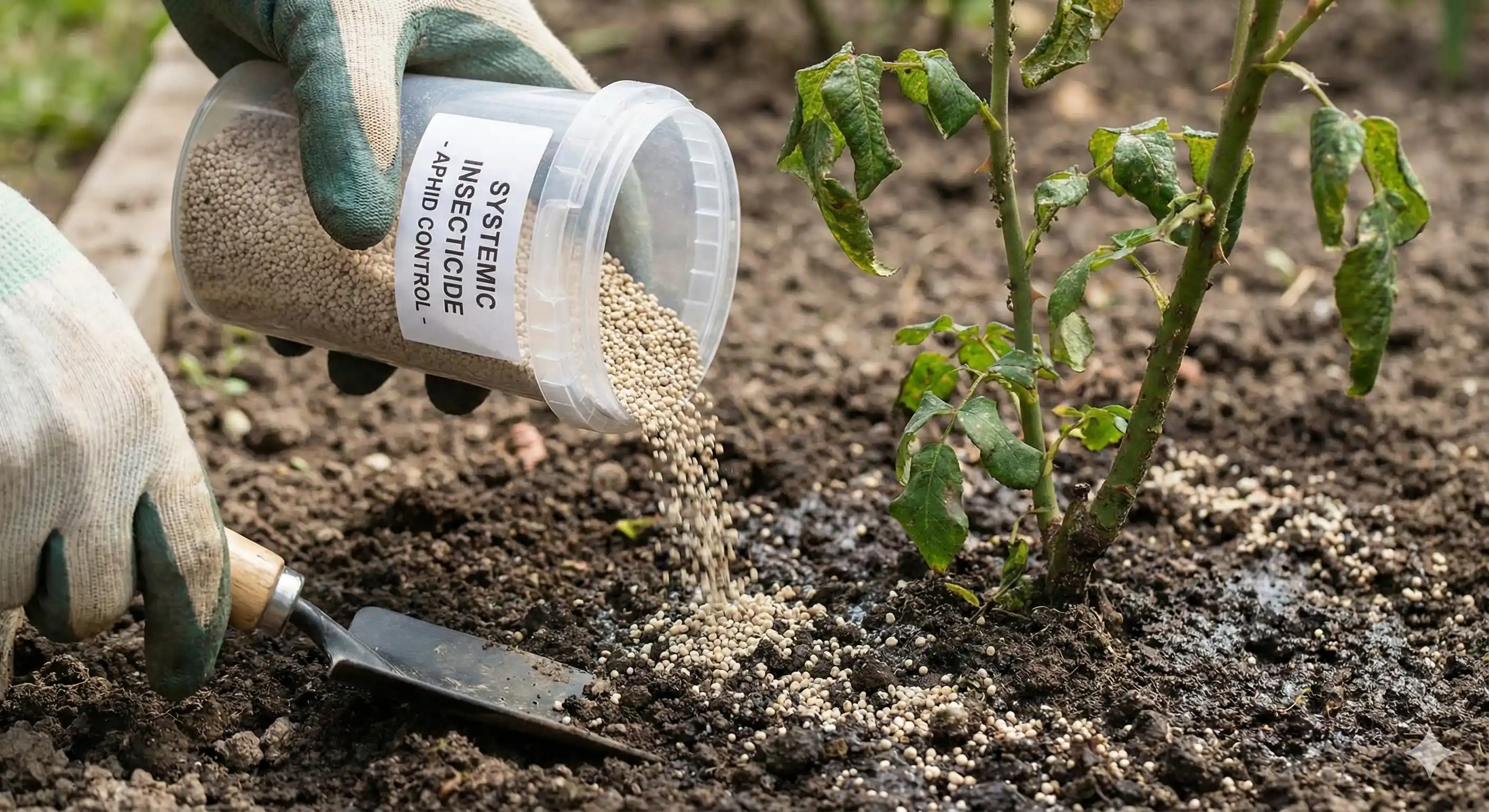 Applying systemic insecticide treatment to plant root zone for aphid control