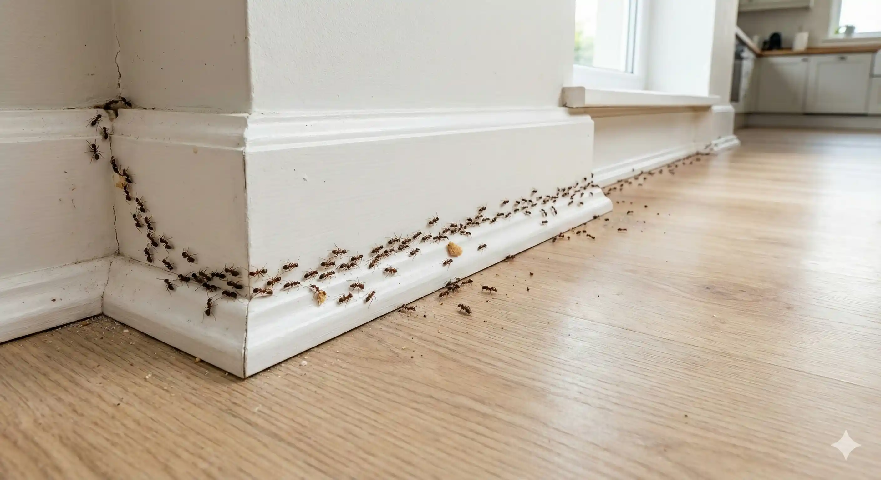 Argentine ant trail inside home along baseboard or counter