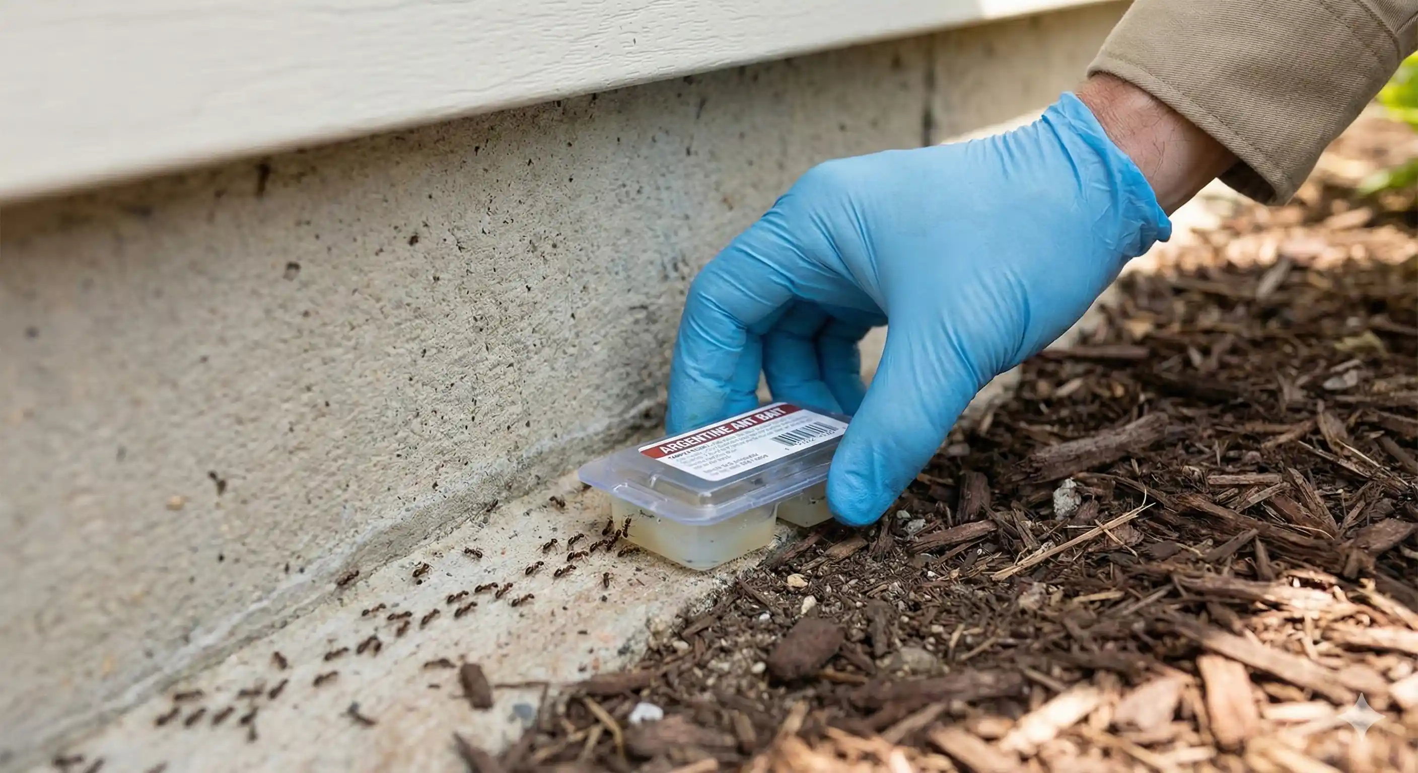 Professional placing specialized bait stations for Argentine ant colony elimination