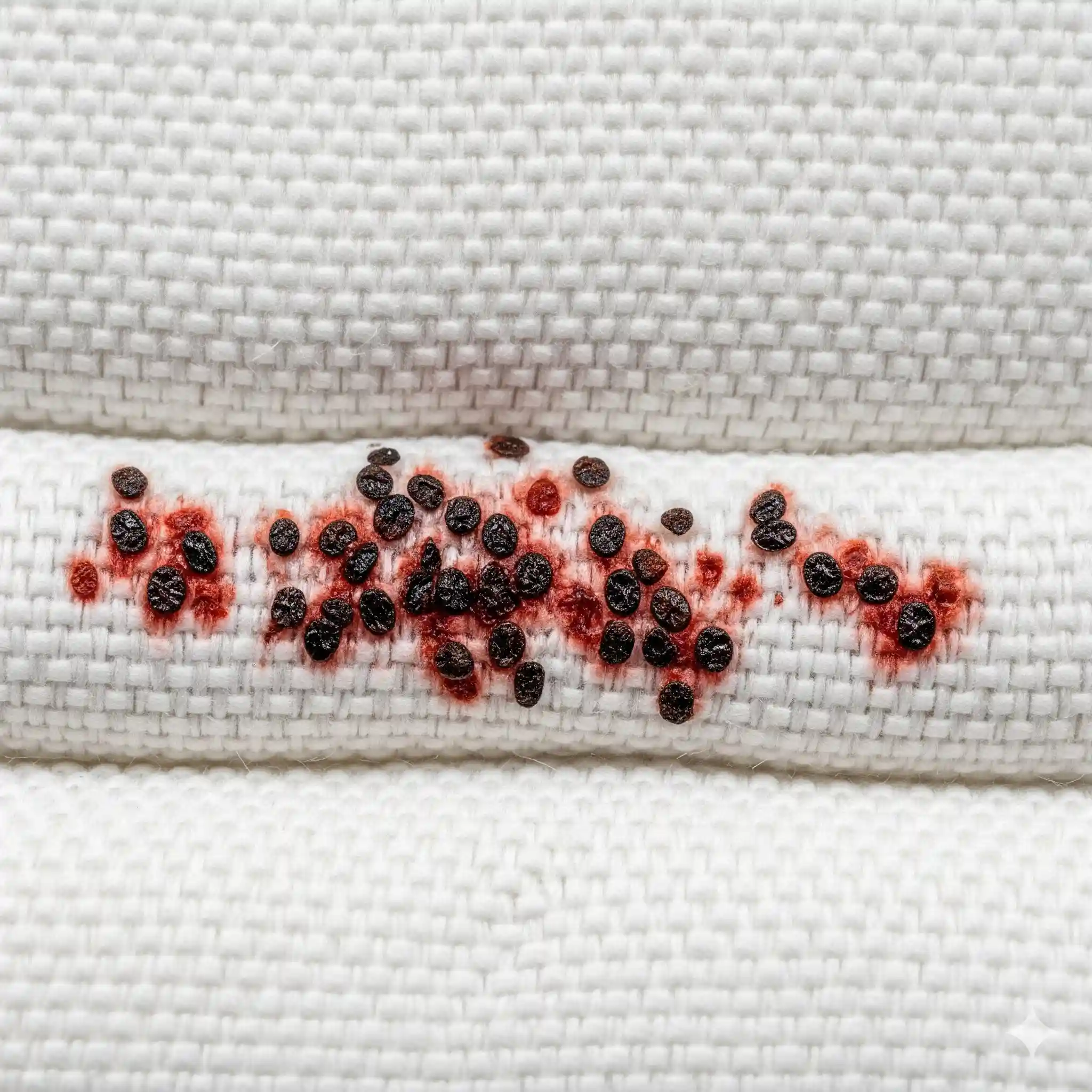 Dark fecal spots and staining on mattress seam indicating bed bug presence