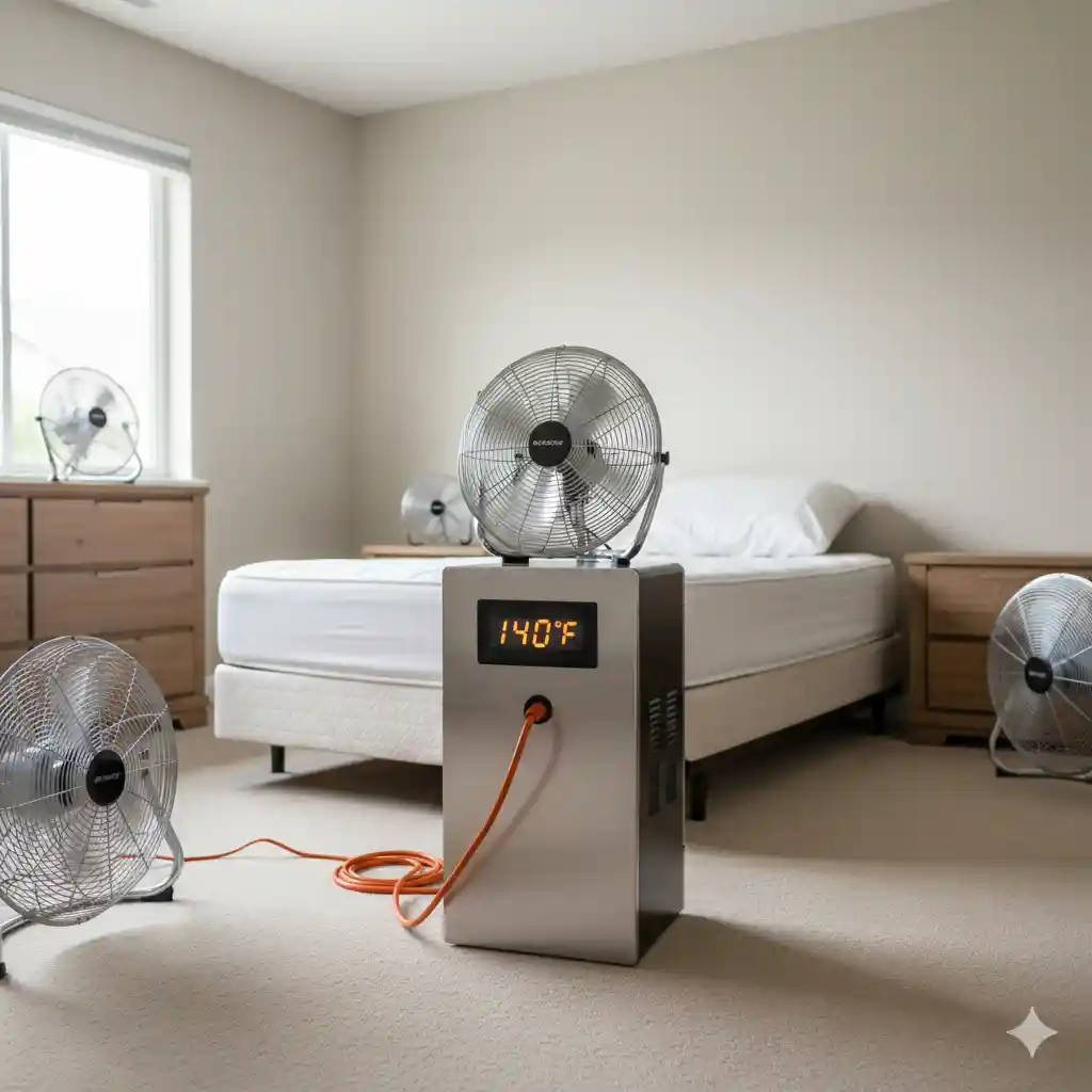 Professional thermal remediation equipment heating room to eliminate bed bugs