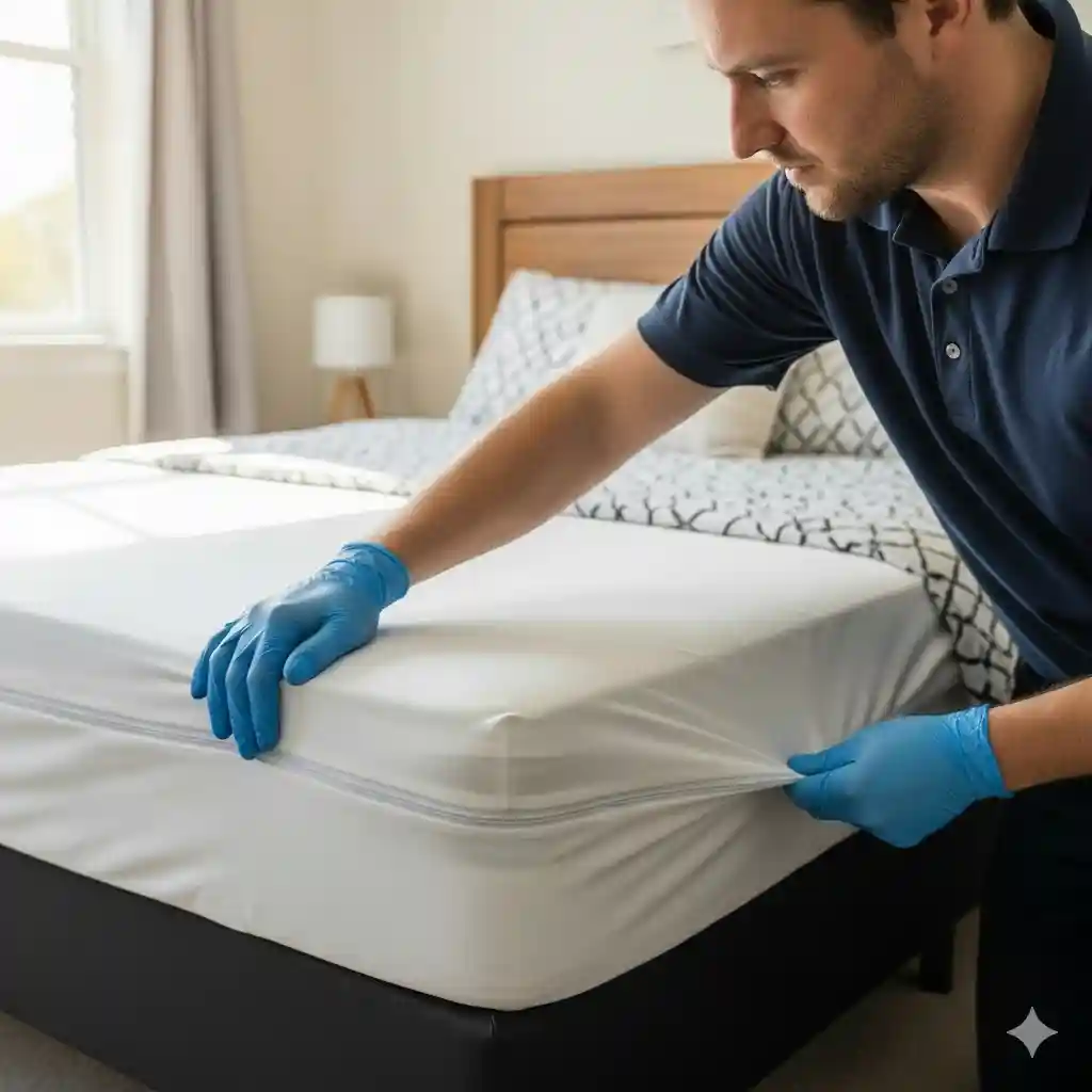 Protective mattress encasement being installed to prevent bed bug infestation