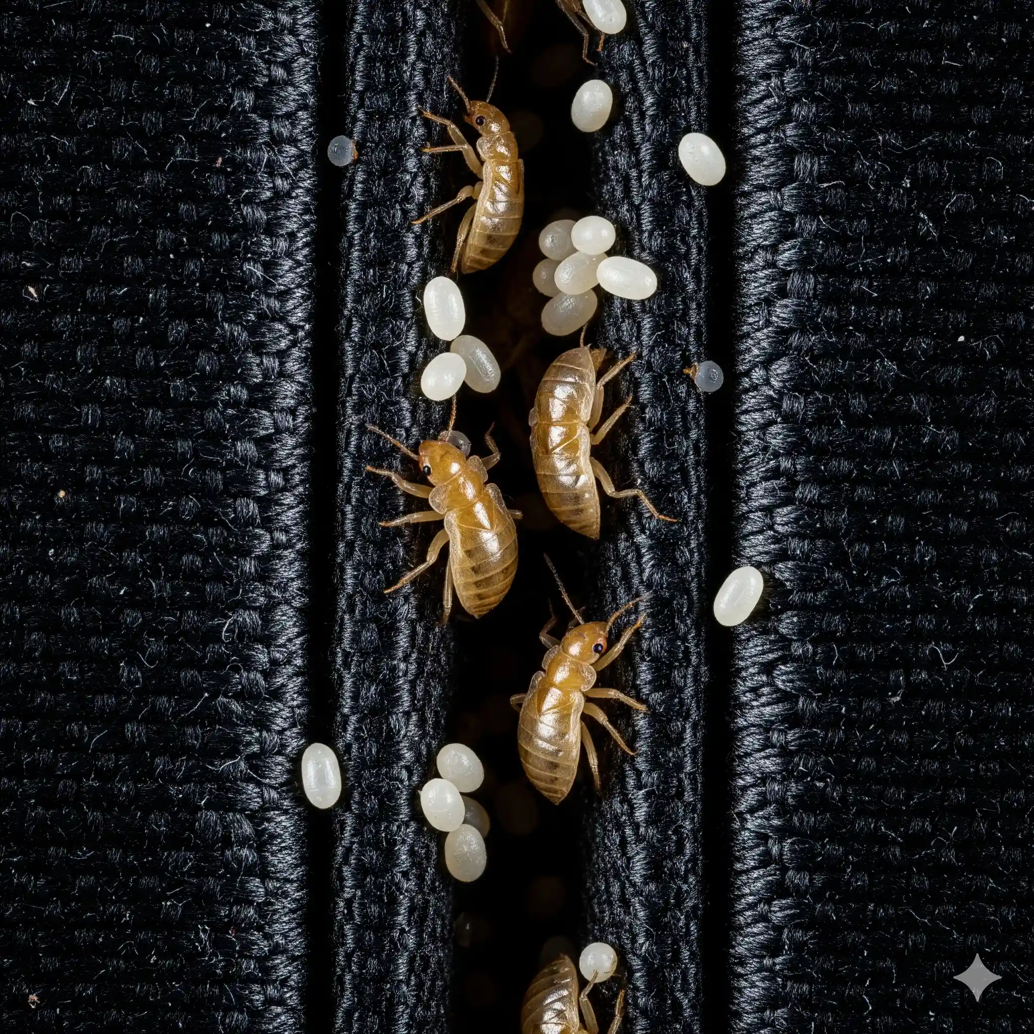 White bed bug eggs and yellow molted skins along mattress seam