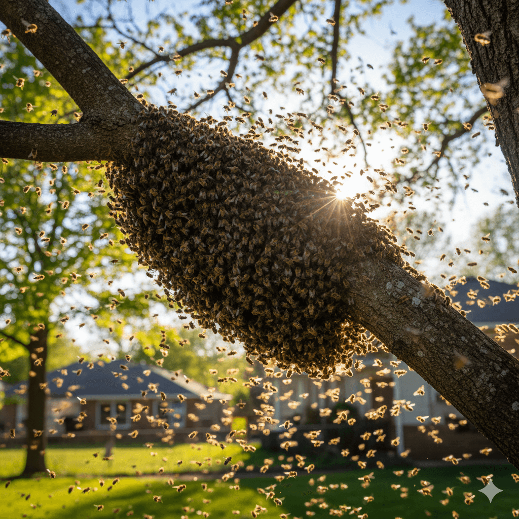 Large bee swarm clustered on tree branch near residential structure