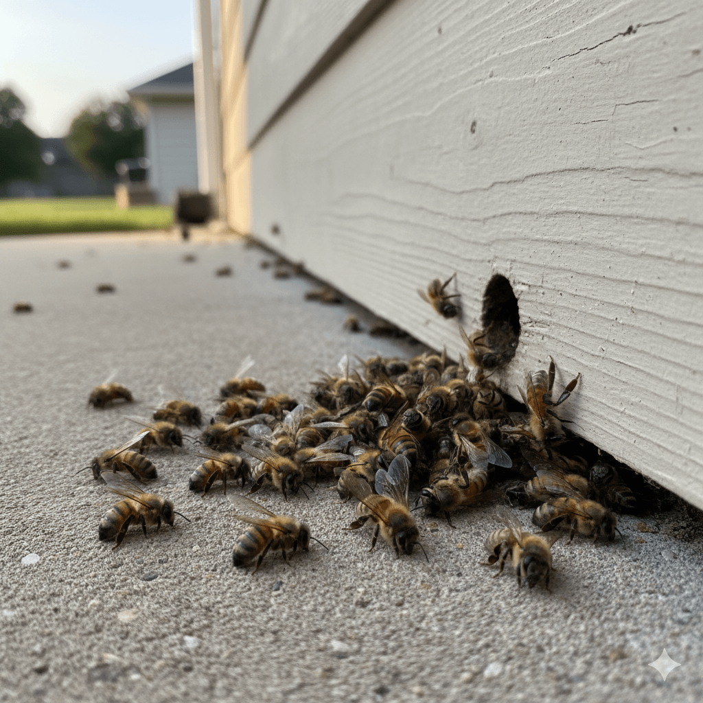 Accumulation of dead bees near colony entrance point