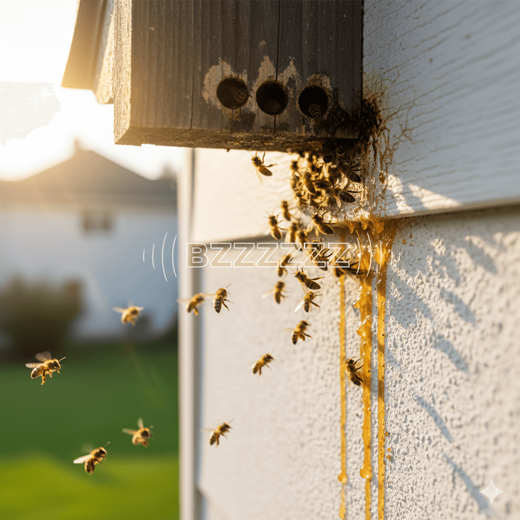 Multiple bees entering and exiting single point in building structure