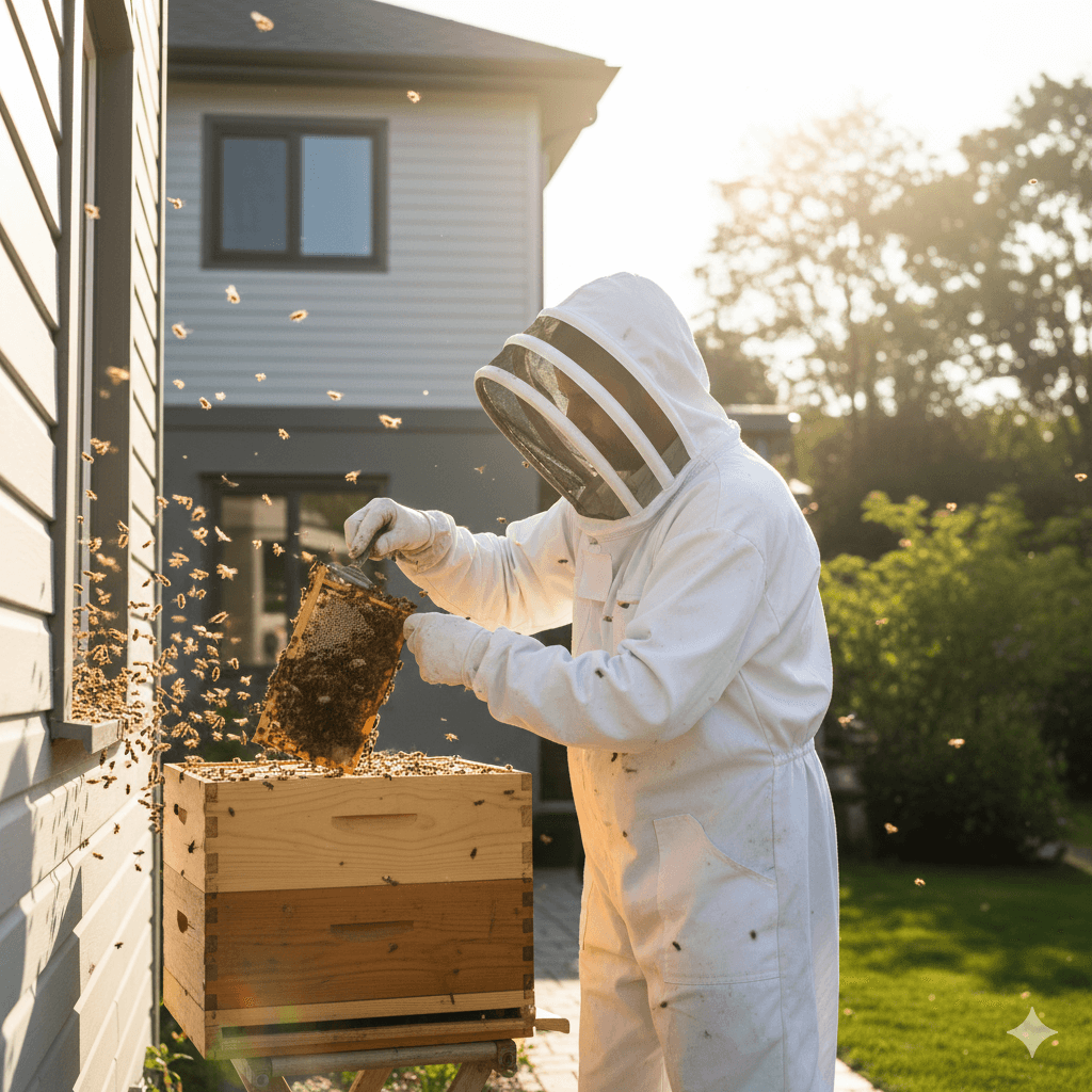 Professional bee handler safely extracting and removing honeybee colony