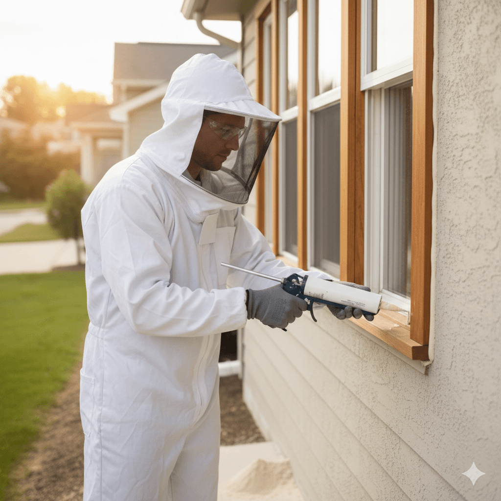 Technician sealing entry points to prevent future bee infestations