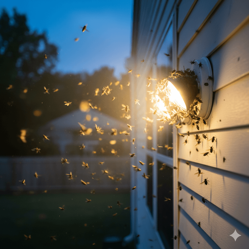 Exterior lighting that attracts beetles to building entry points