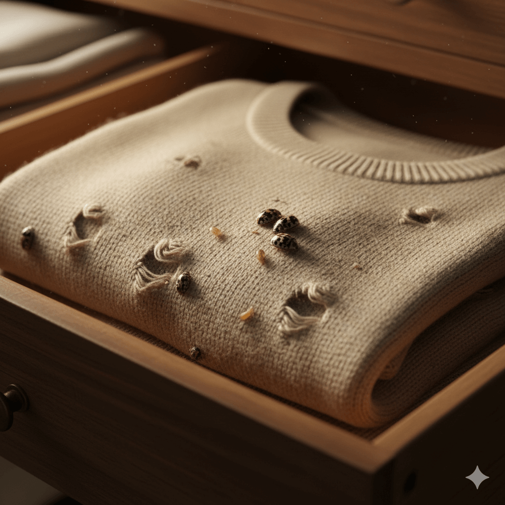 Irregular holes and bare patches in fabrics from carpet beetle damage