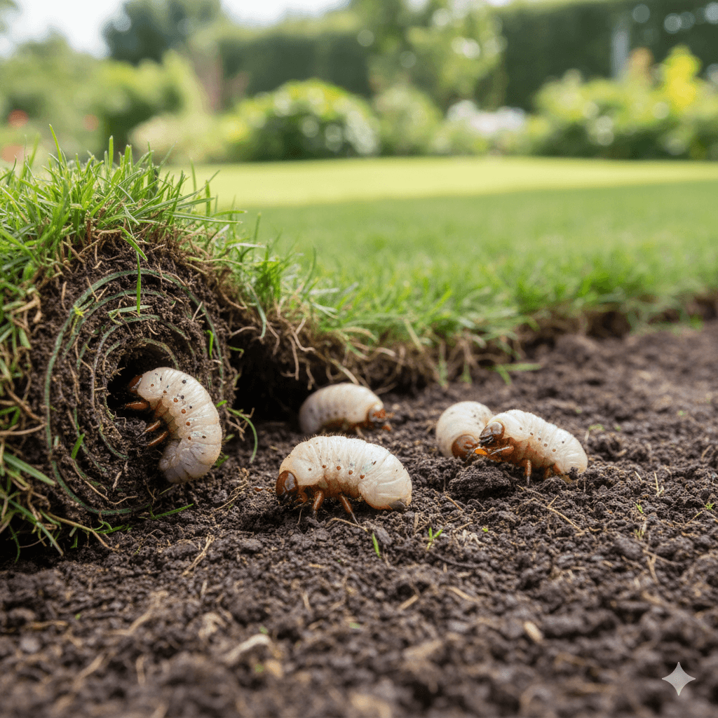 Beetle grubs and larvae visible in soil or infested materials