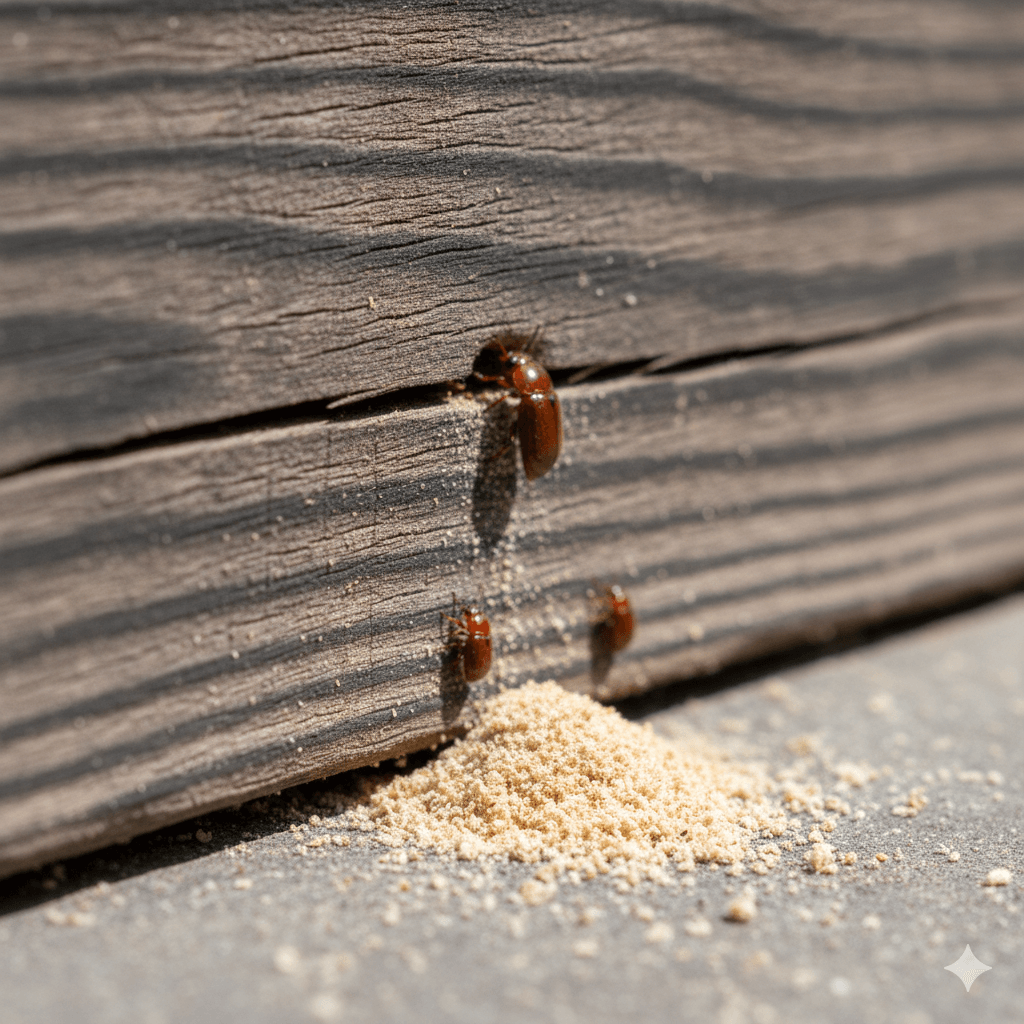 Fine sawdust frass accumulation from wood boring beetle activity