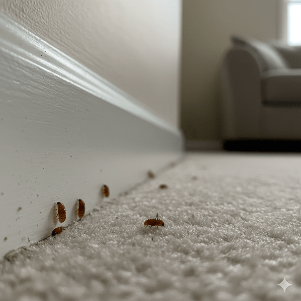 Shed beetle larvae skins near baseboards and infested materials
