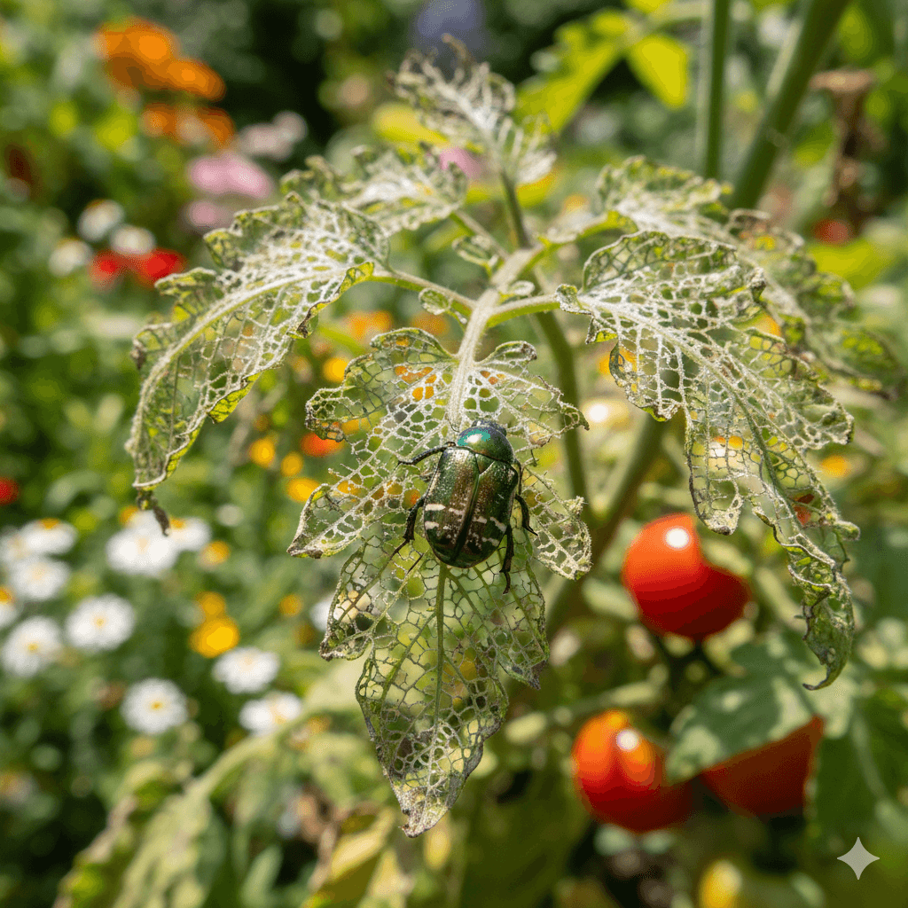 Skeletonized leaves and vegetation damage from Japanese beetle feeding