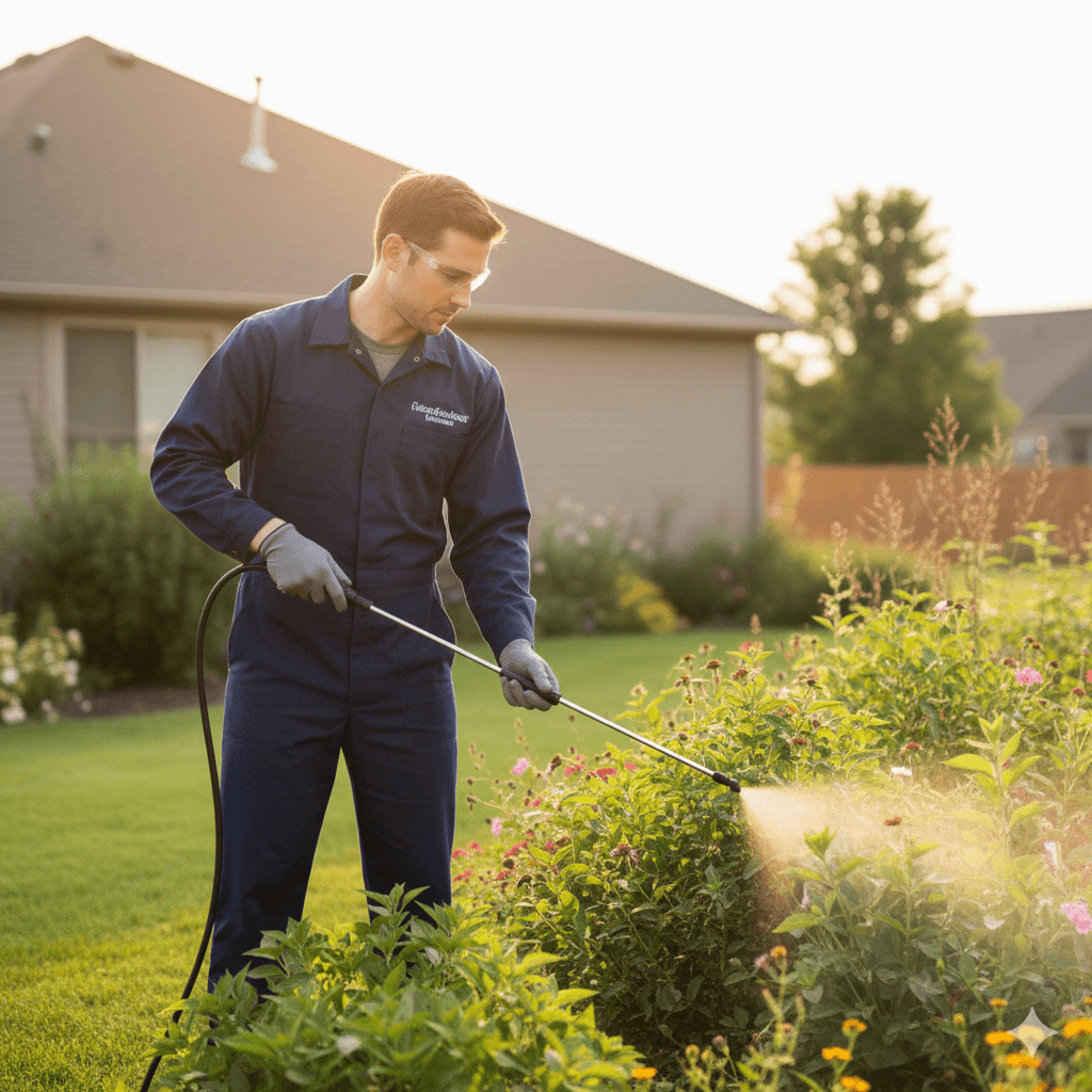 Technician applying beetle control treatment to garden and landscaping areas