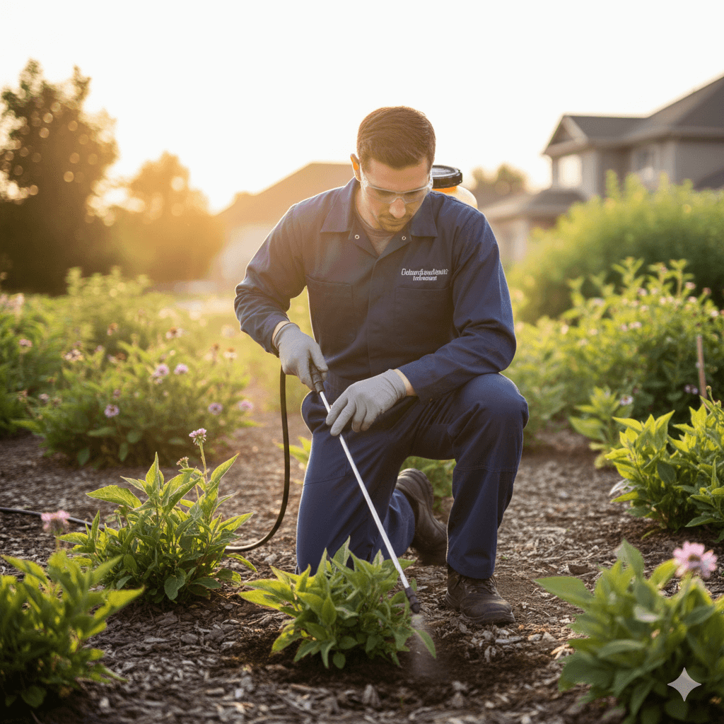 Professional applying soil drench treatment for grub and beetle larvae control