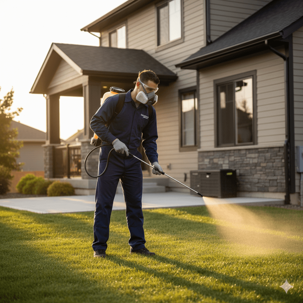 Technician applying barrier pesticide treatment around property perimeter for beetle control