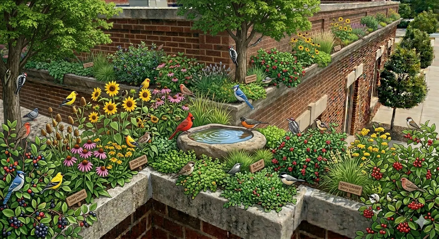 Landscaping and vegetation attracting birds