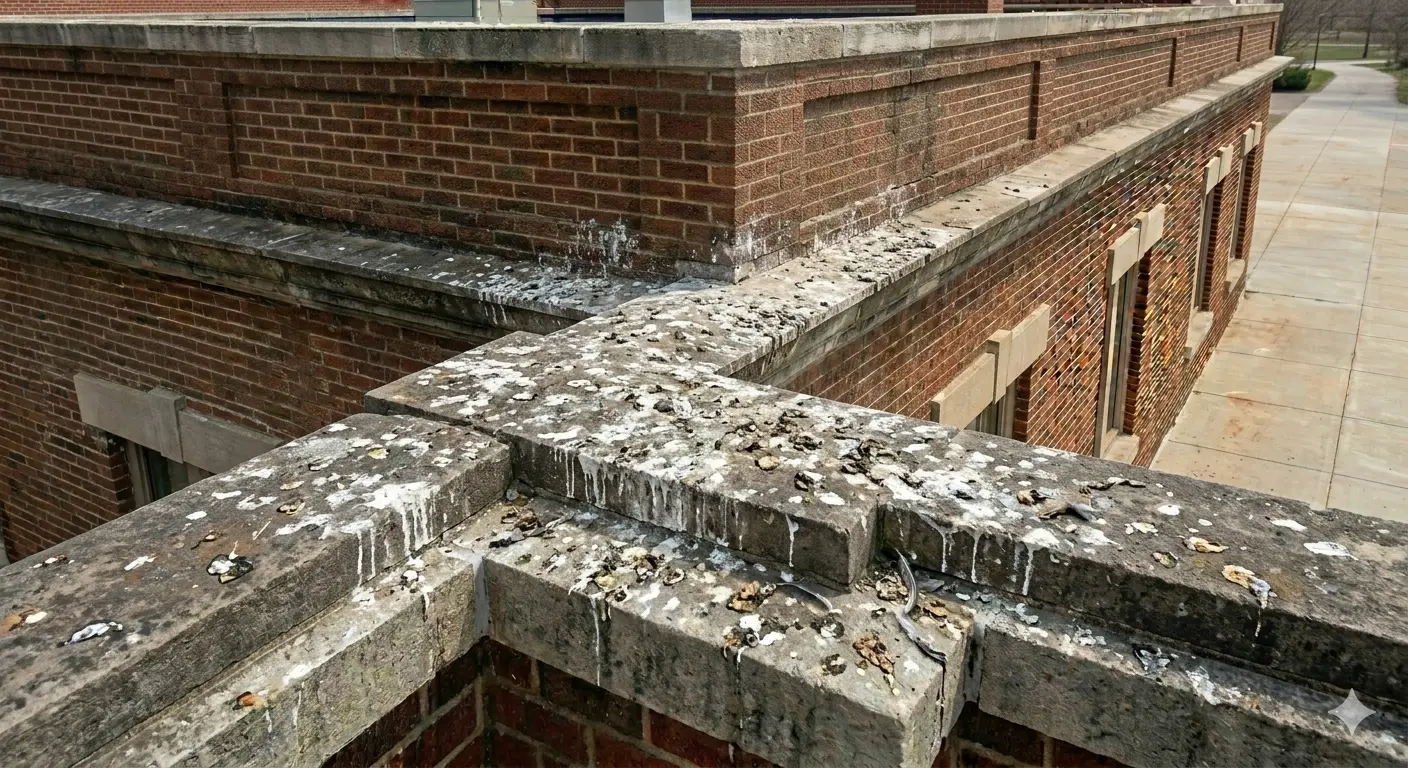 Bird droppings accumulated on building ledge