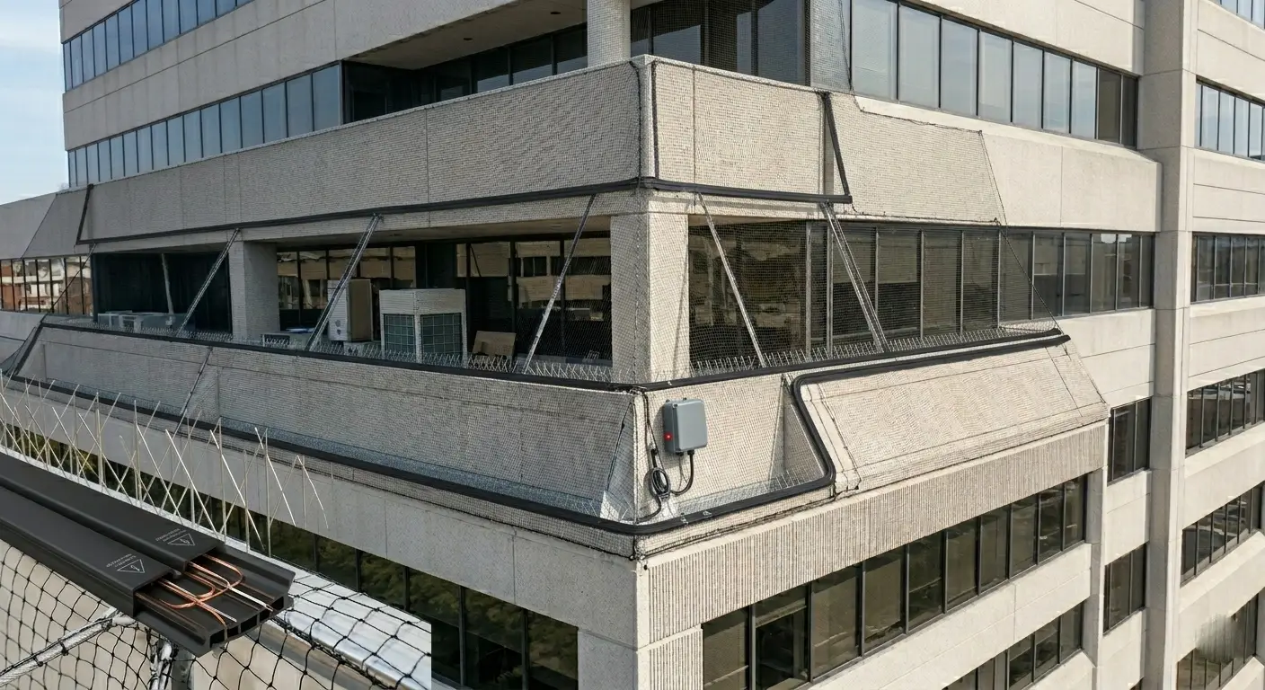 Electric bird deterrent track system installed on building ledge