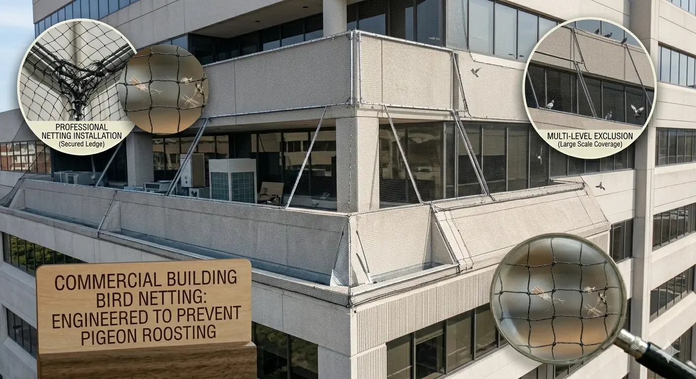 Professional bird netting installed on commercial building to prevent roosting