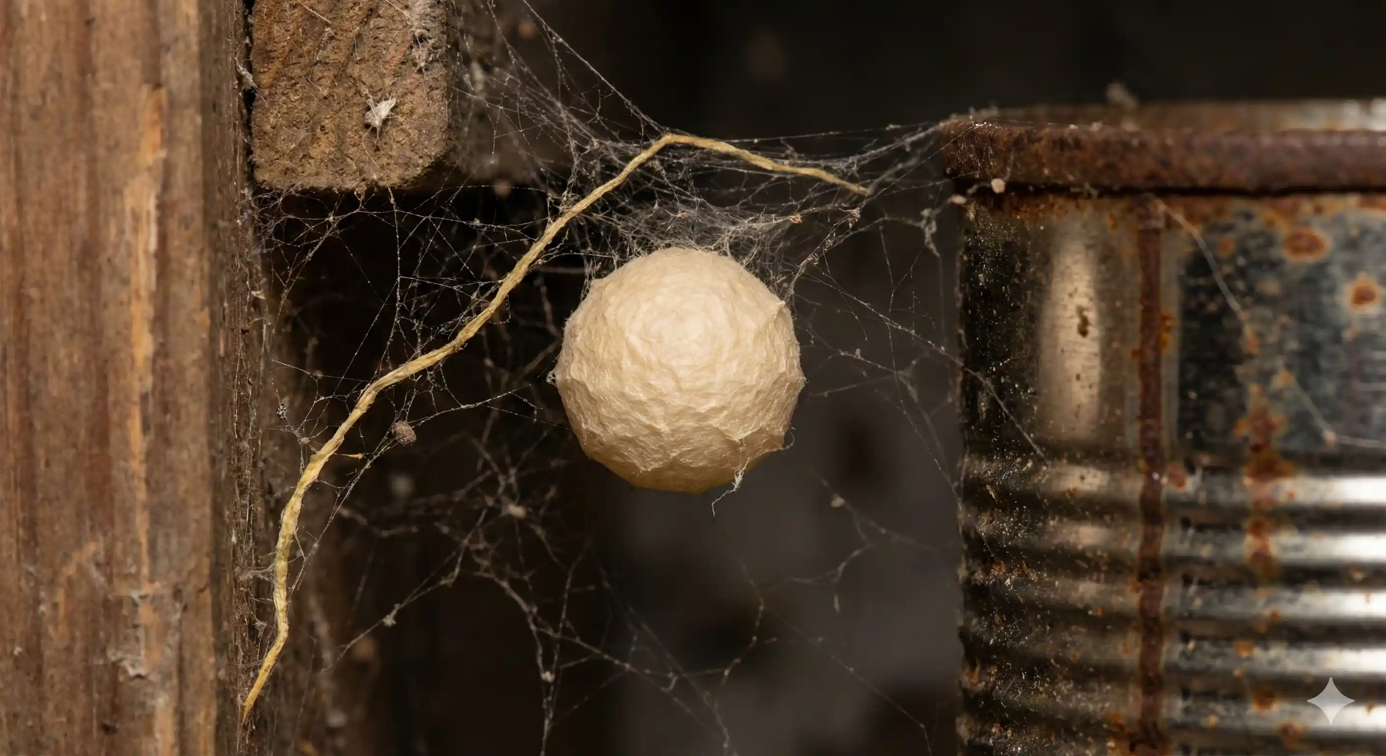 Black widow egg sac suspended in web