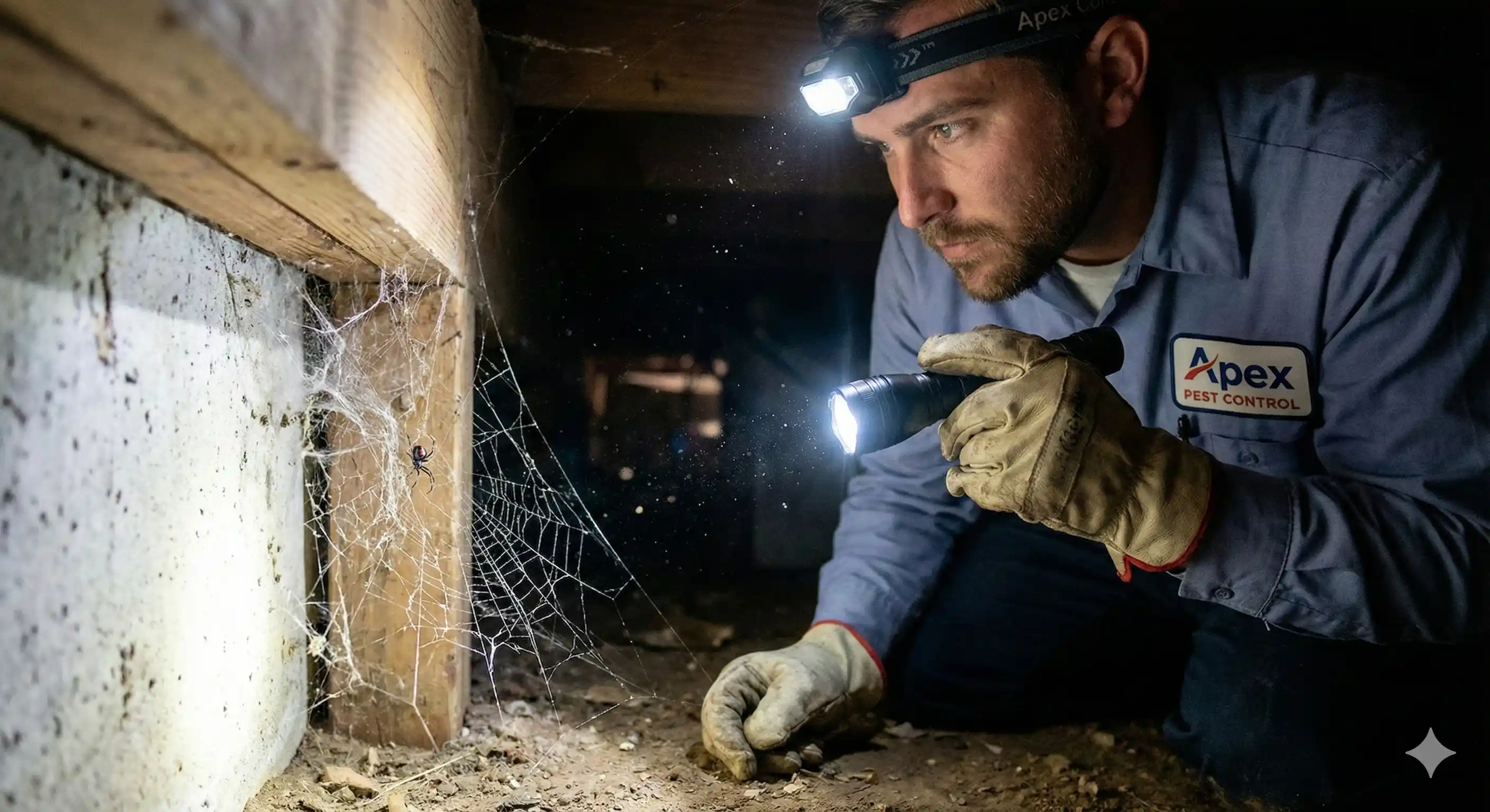 Black widow web in typical ground-level location under structure
