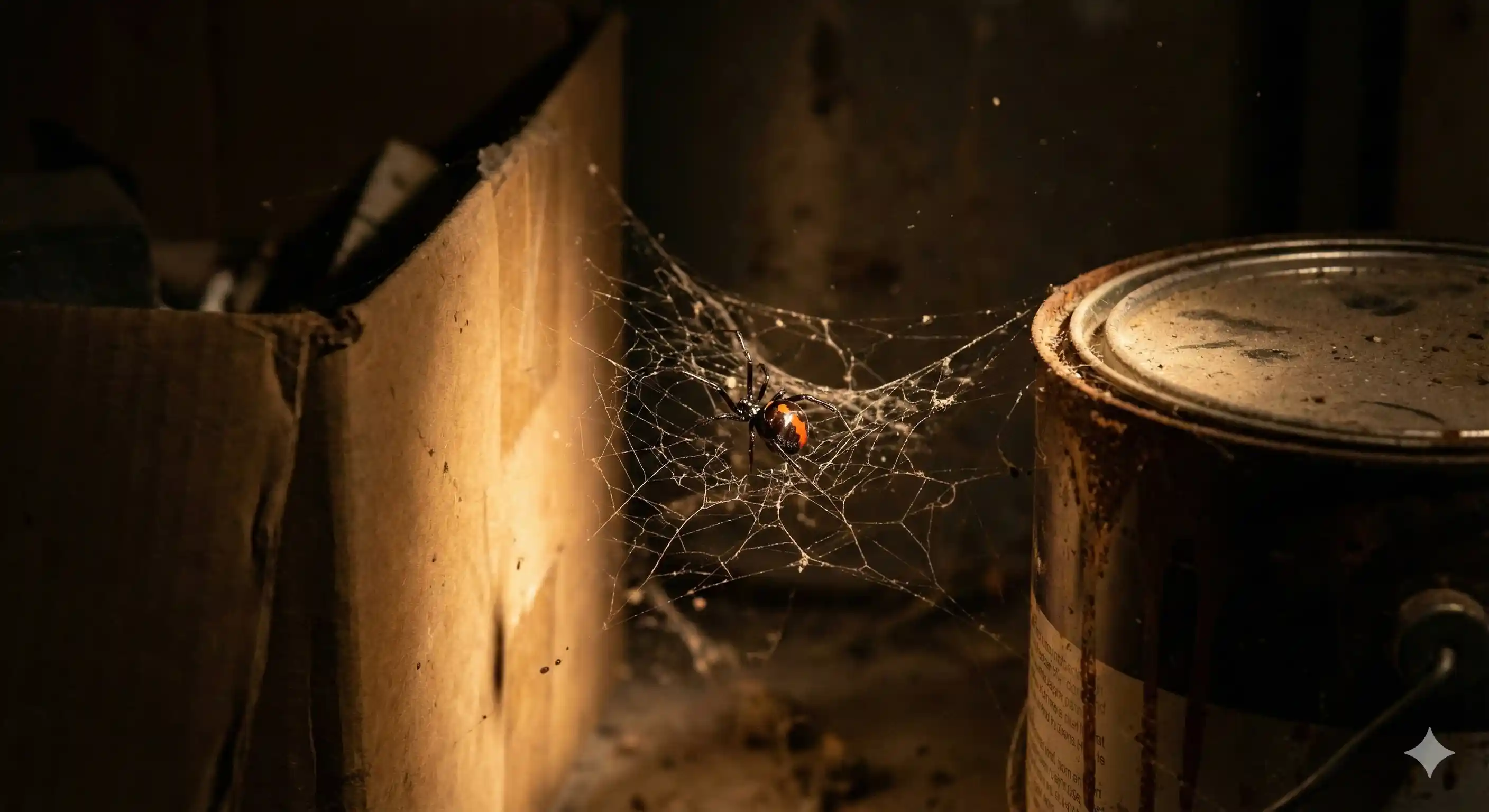 Black widow spider active at night in dark corner