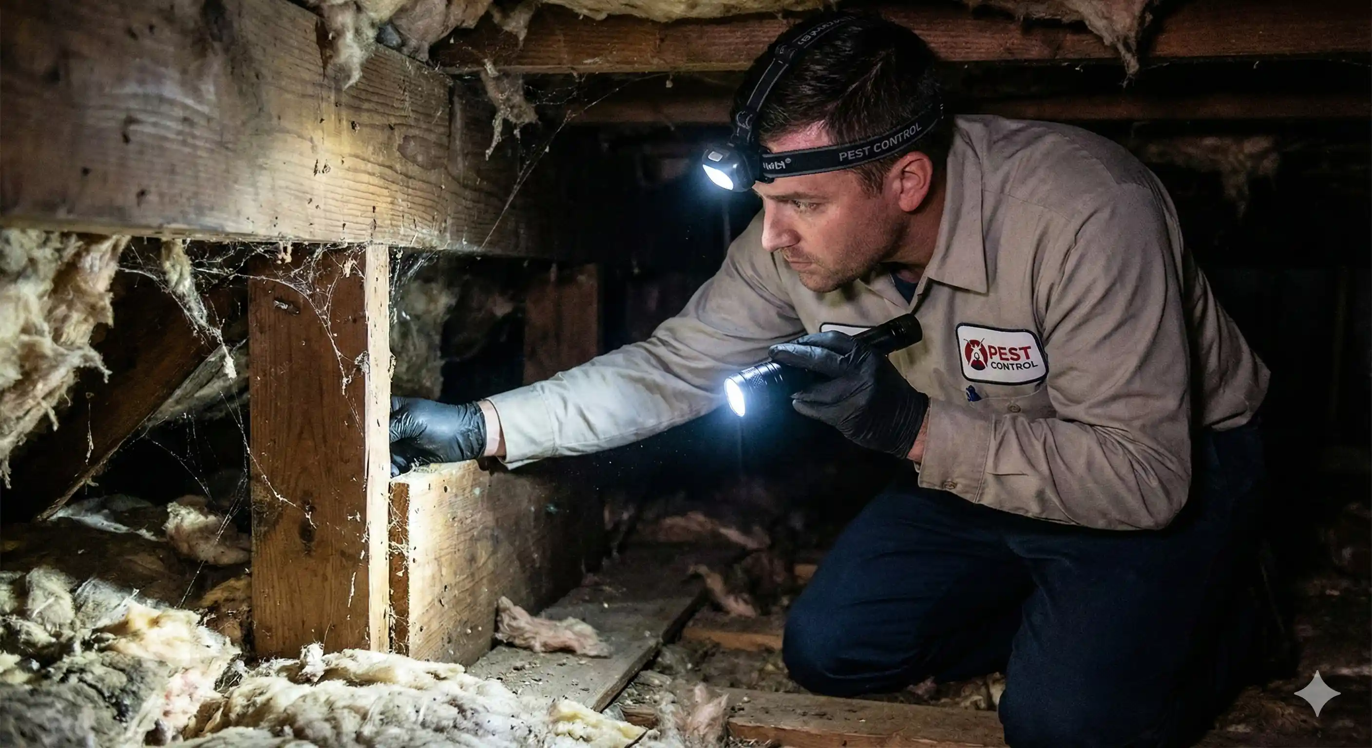 Technician conducting detailed inspection for black widow spiders in dark areas