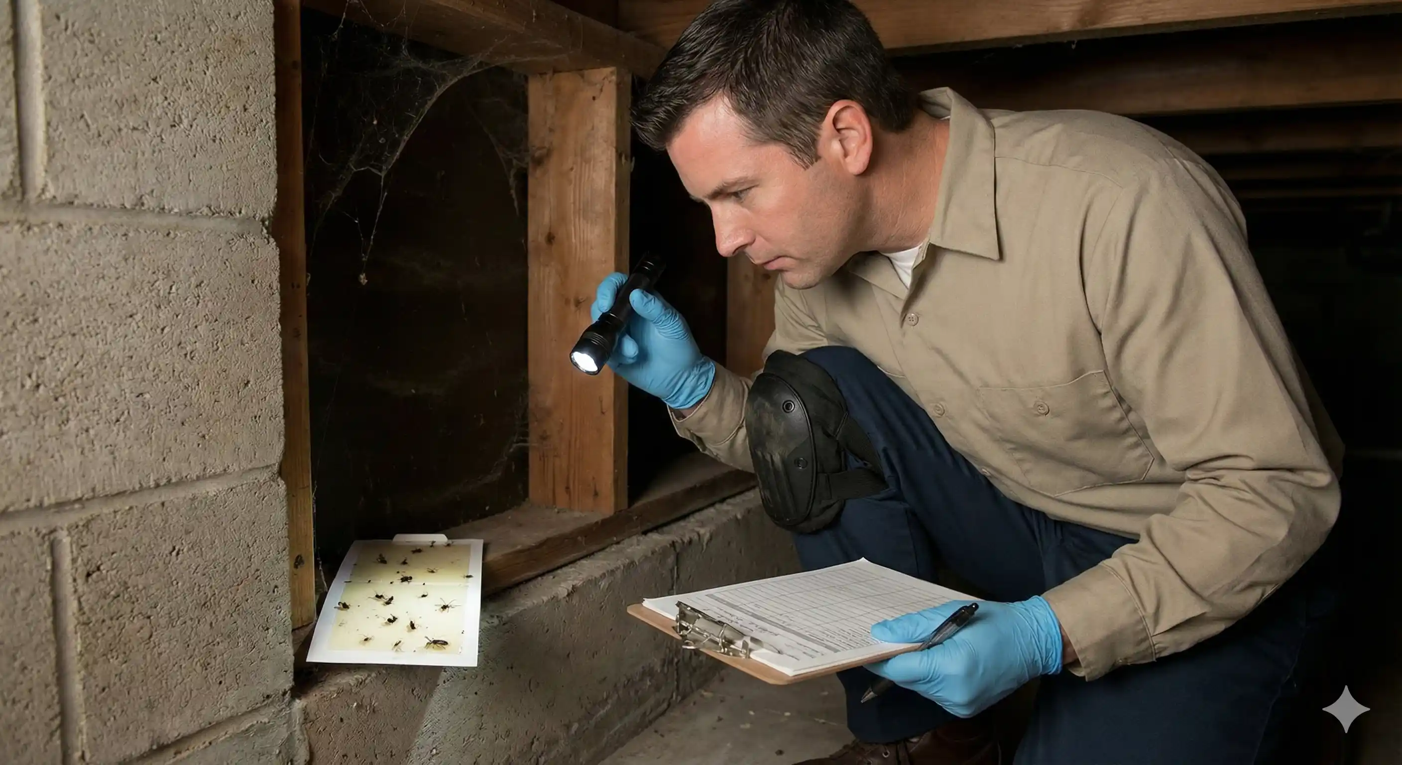 Technician monitoring treated areas for black widow activity
