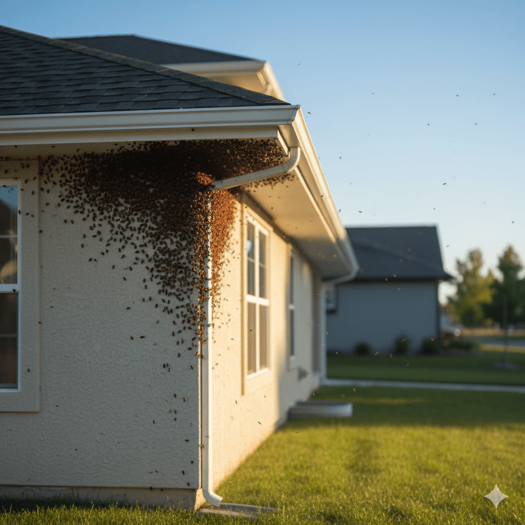 Dense boxelder bug congregations on building corners and eaves