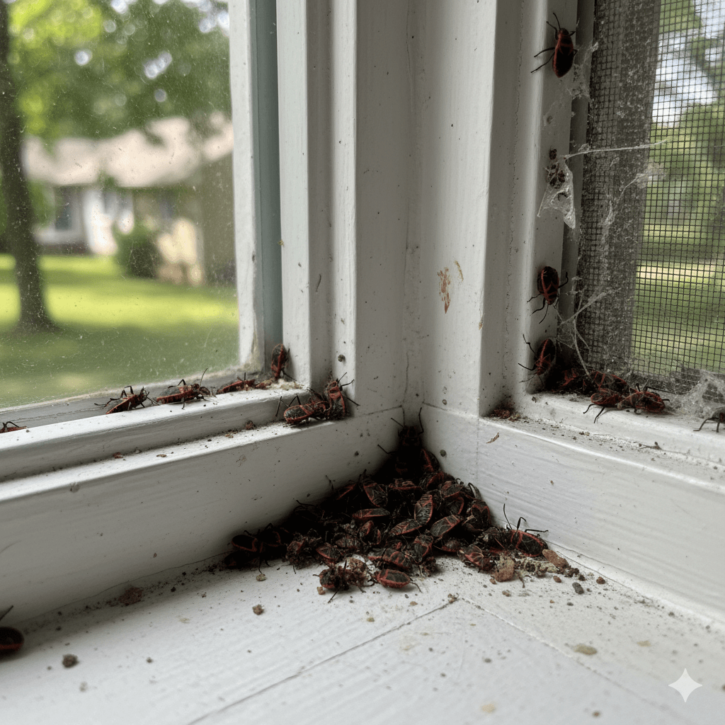 Dead boxelder bugs accumulated in window tracks and fixtures
